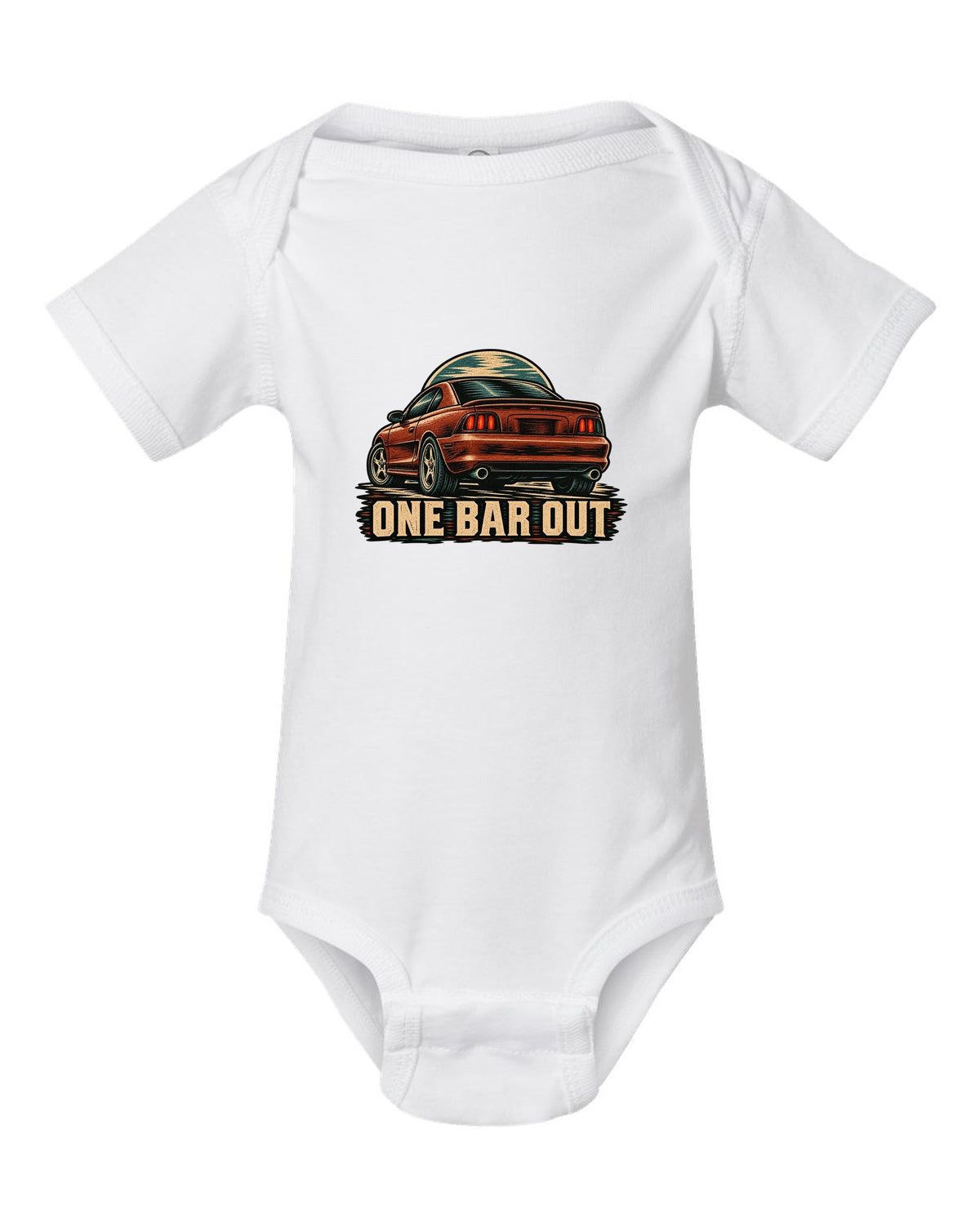 Linocut woodcut print of a 1994-98 SN95 Mustang coupe with One Bar Out text white baby onesie front view with the design