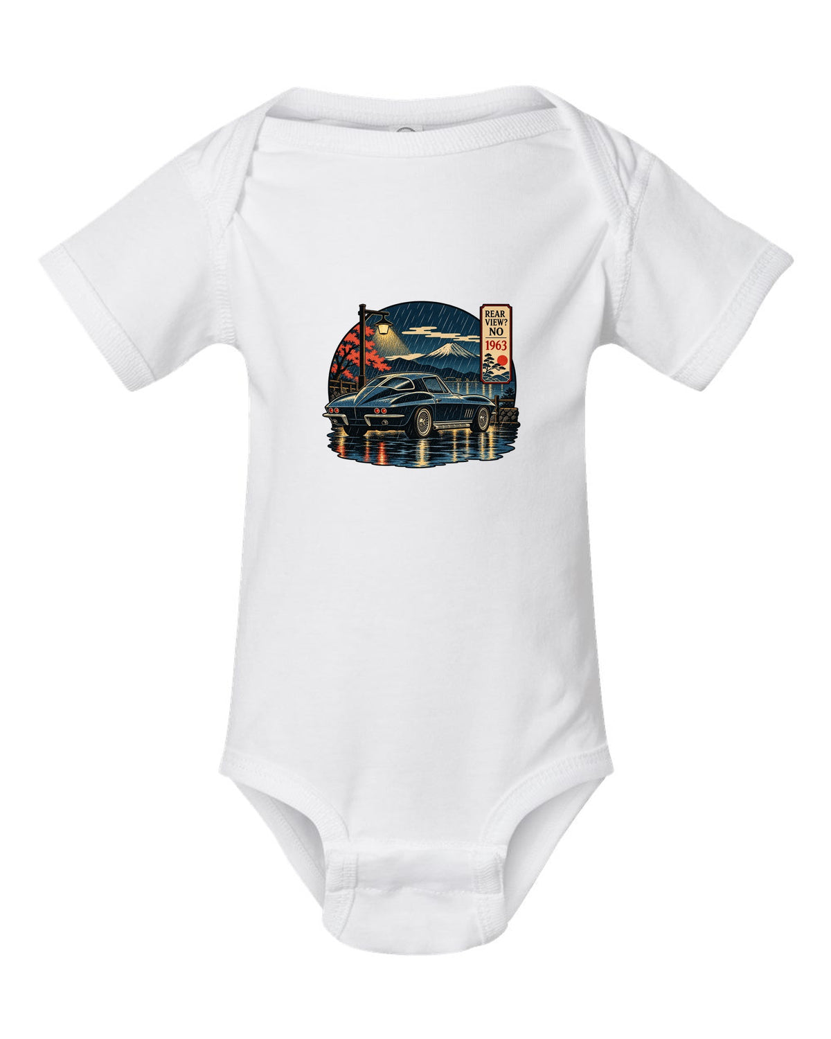Ukiyo-e woodblock style print of a 1963 Chevrolet Corvette C2 Sting Ray coupe on a rainy night white baby onesie front view with the design