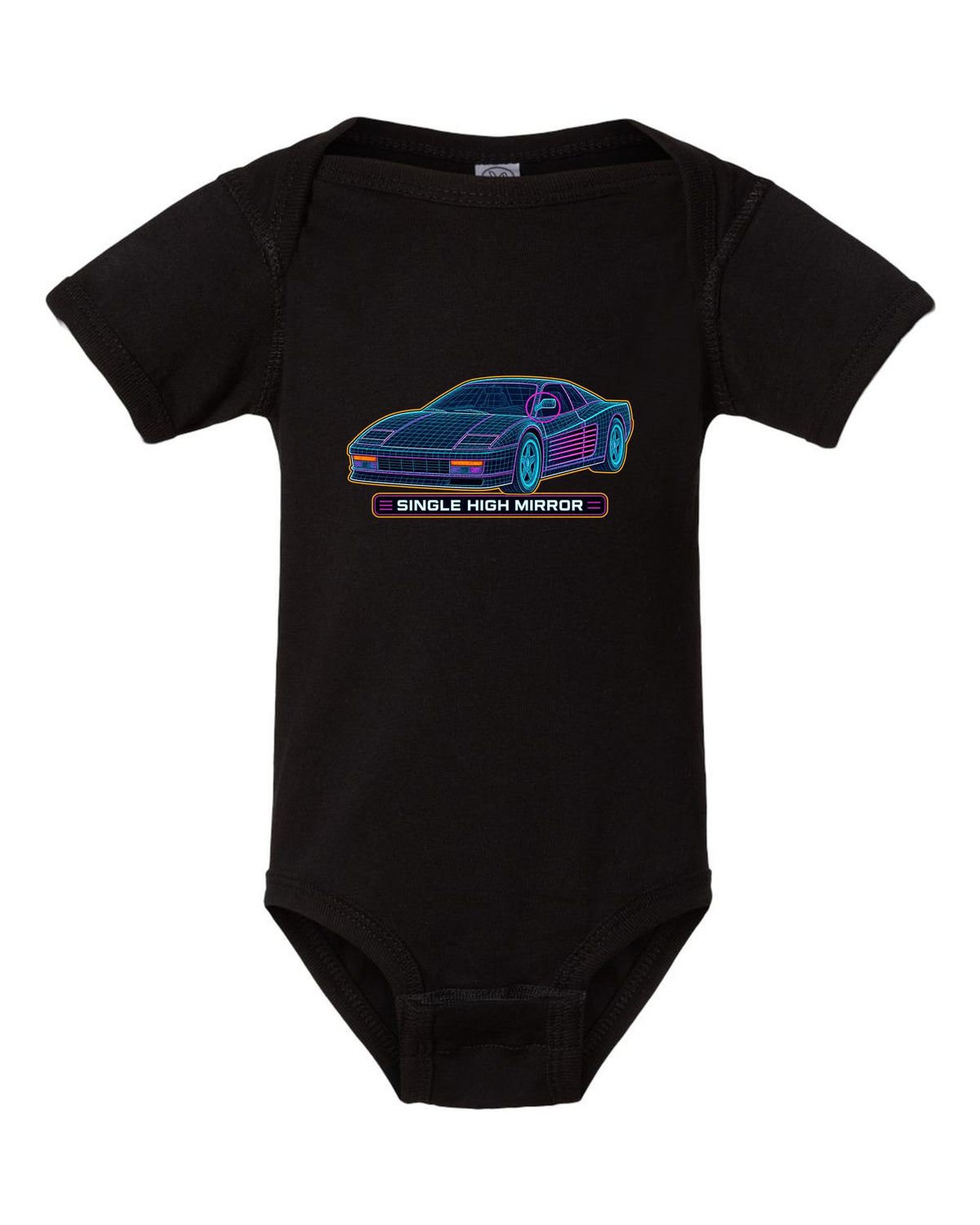 Wireframe CAD mesh print of the Ferrari Testarossa F110 with the text single high mirror black baby onesie front view with the design