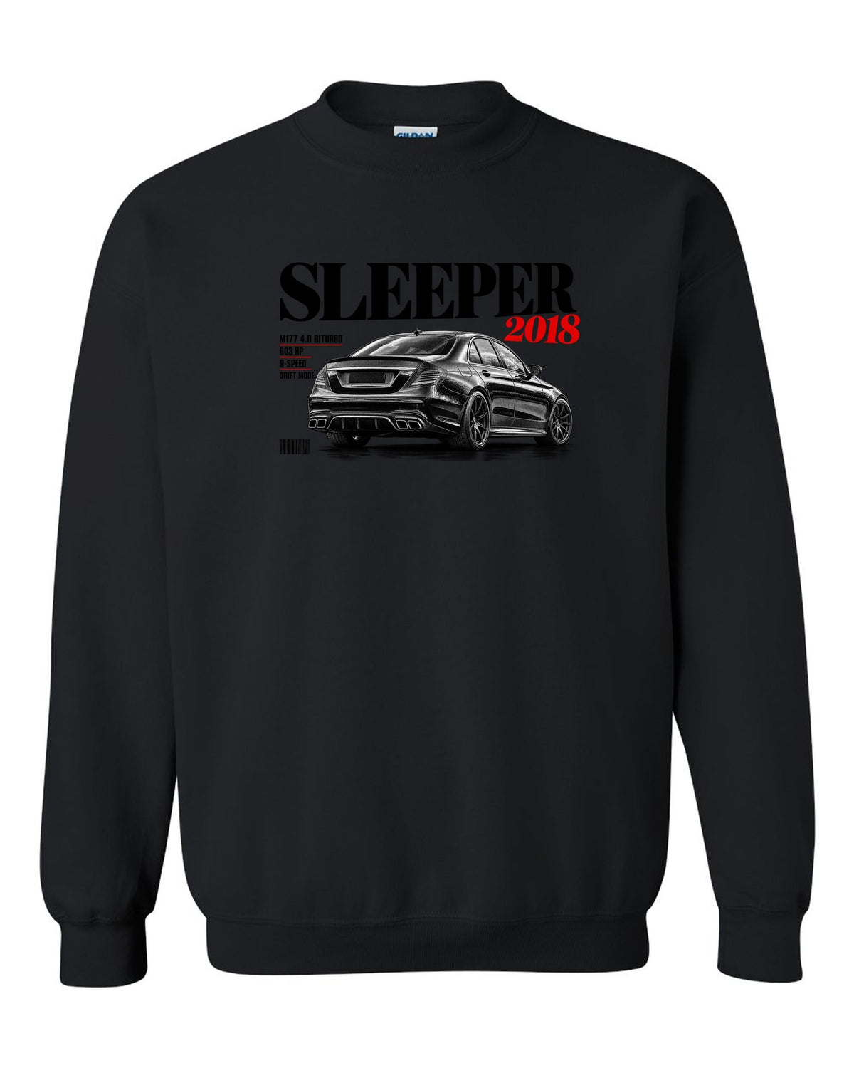 print editorial headline of a Mercedes W213 E63 S M177 with text Sleeper 2018 4.0 Biturbo 603 HP black crewneck front view with the design