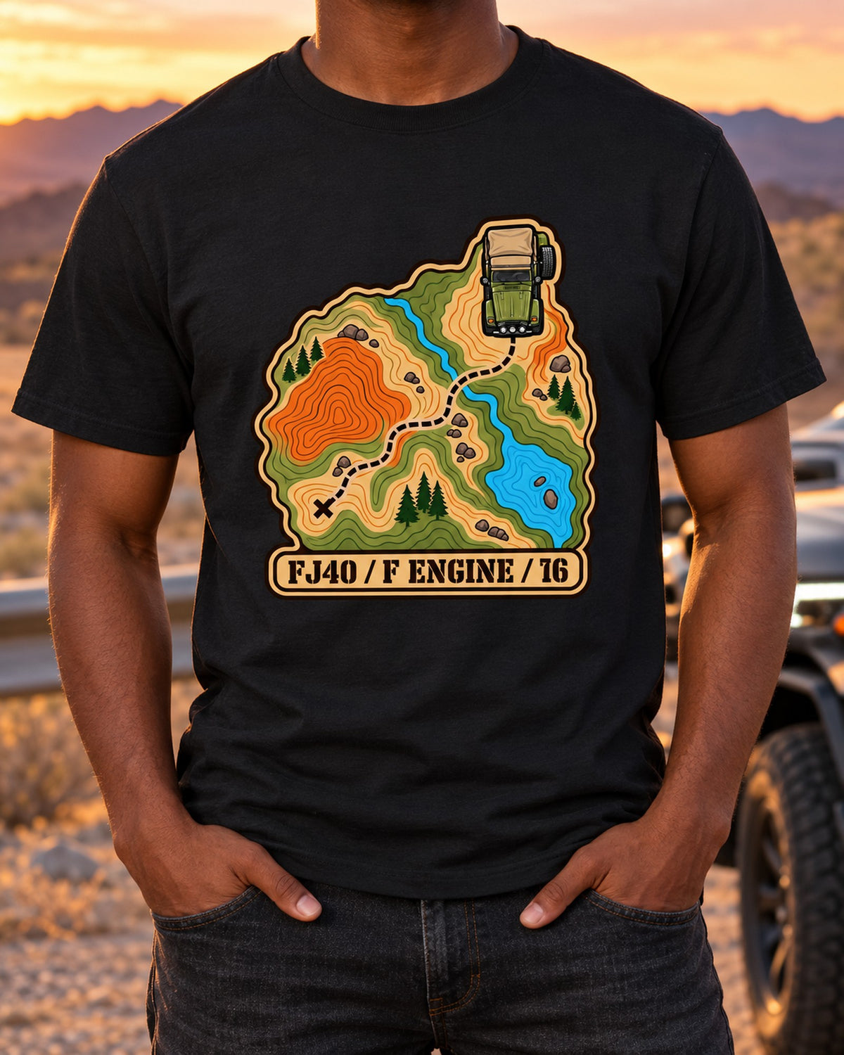 Land Cruiser FJ40 Topographic Route Map Tee, F Engine I6 T-Shirt Black worn hero
