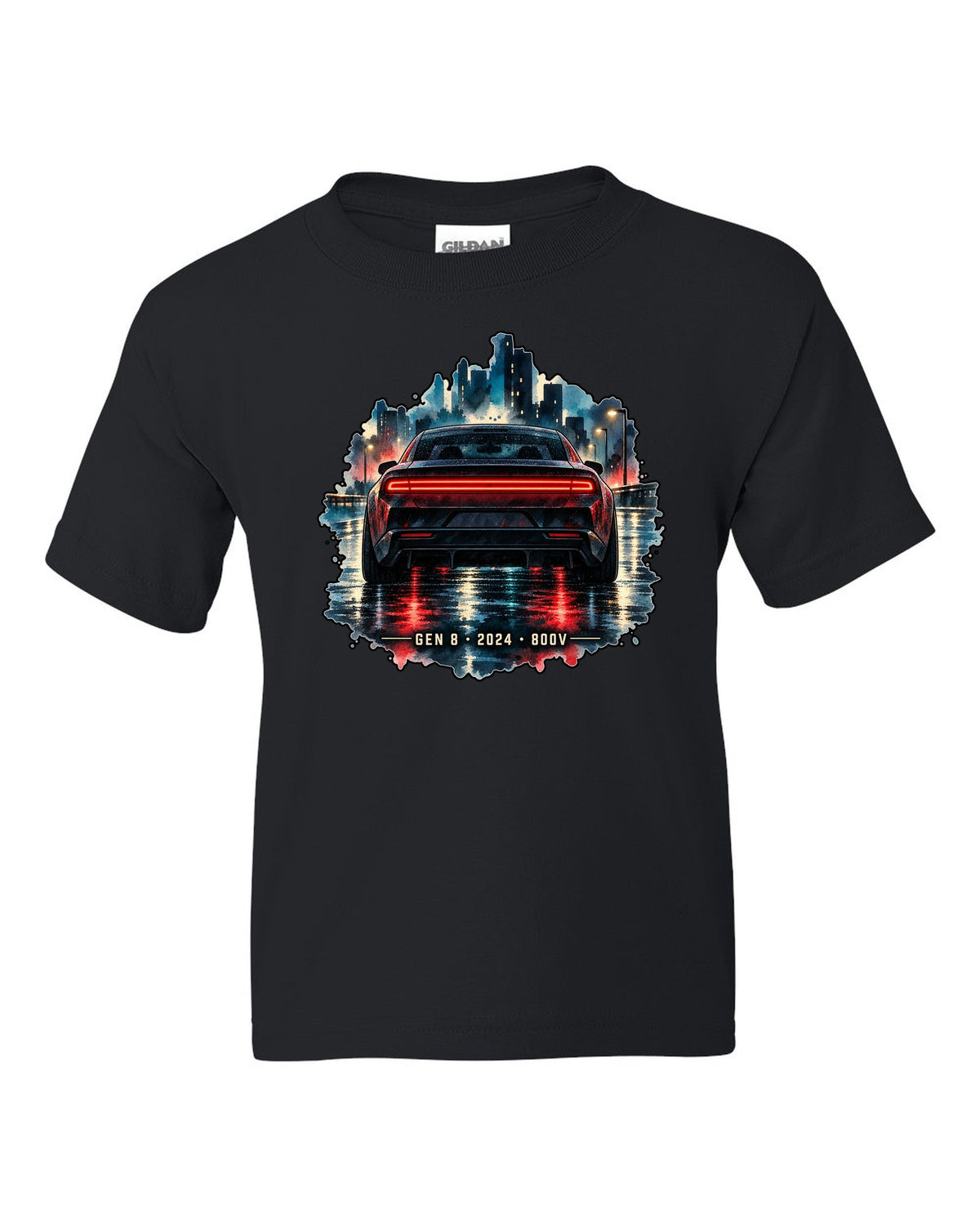 Watercolour night scene of a 2024 Dodge Charger Daytona EV on a wet road with Gen 8 lettering black kids tee front view with the design