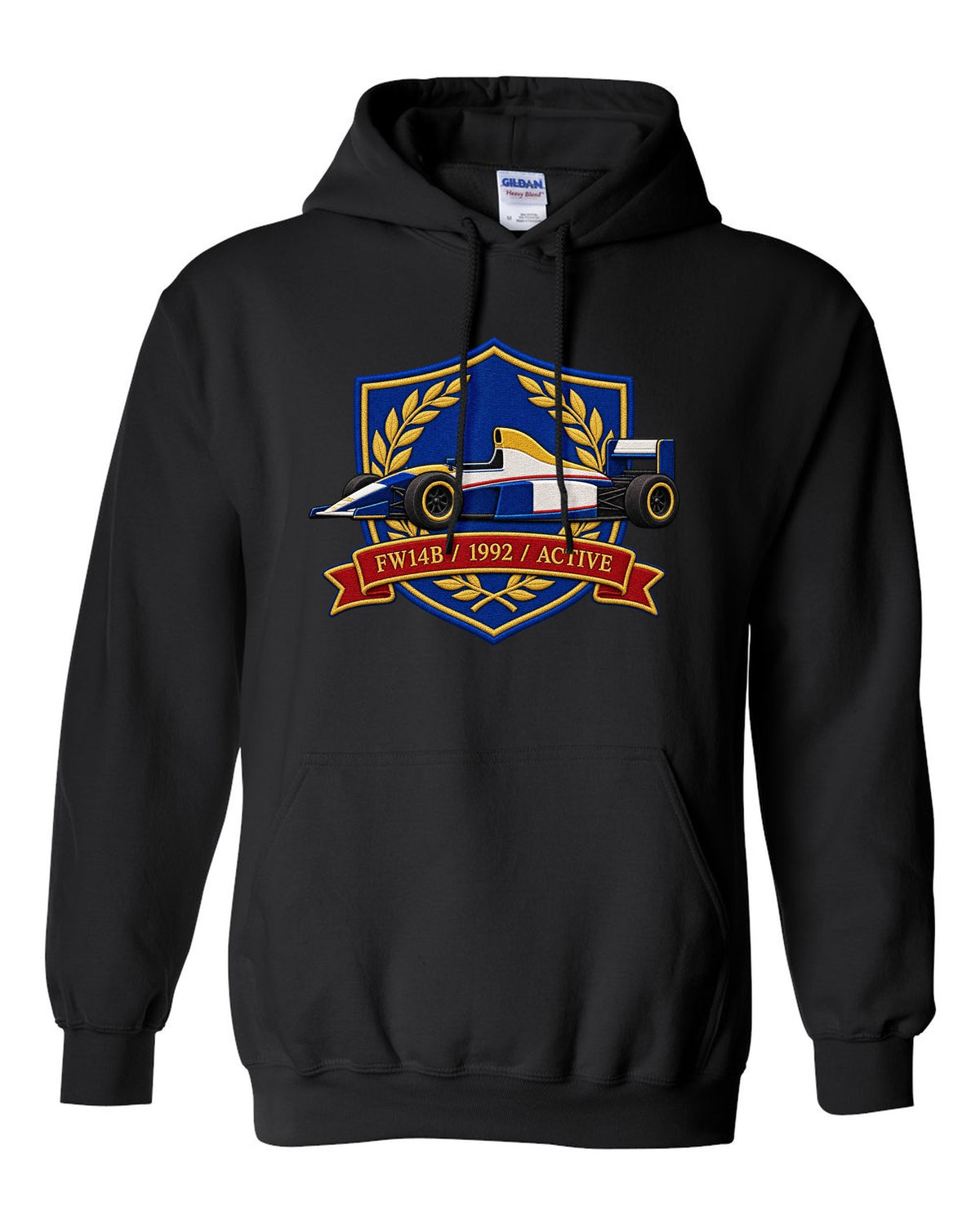 Varsity crest style Williams FW14B Formula 1 car with 1992 ACTIVE lettering black pull over hoodie front view with the design