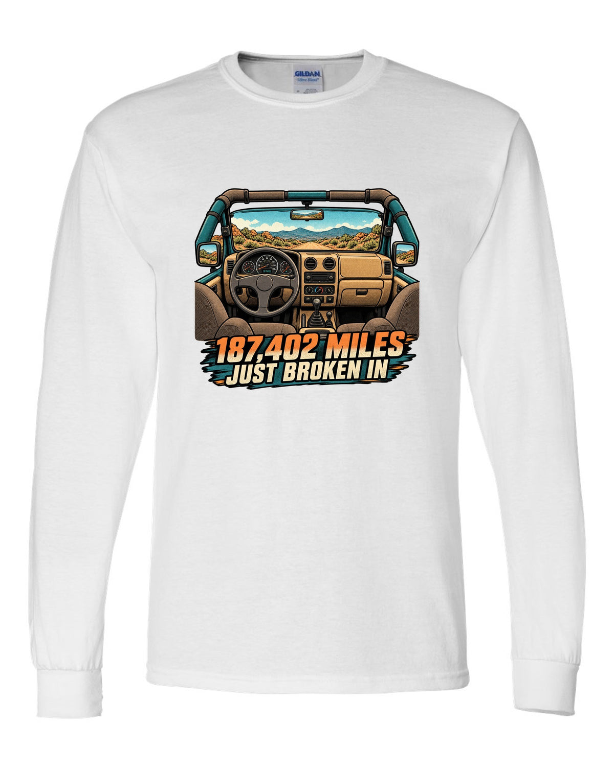 Halftone manga panel of a sun-faded Jeep Wrangler TJ dashboard with 187,402 MILES JUST BROKEN IN lettering white long sleeve front view with the design