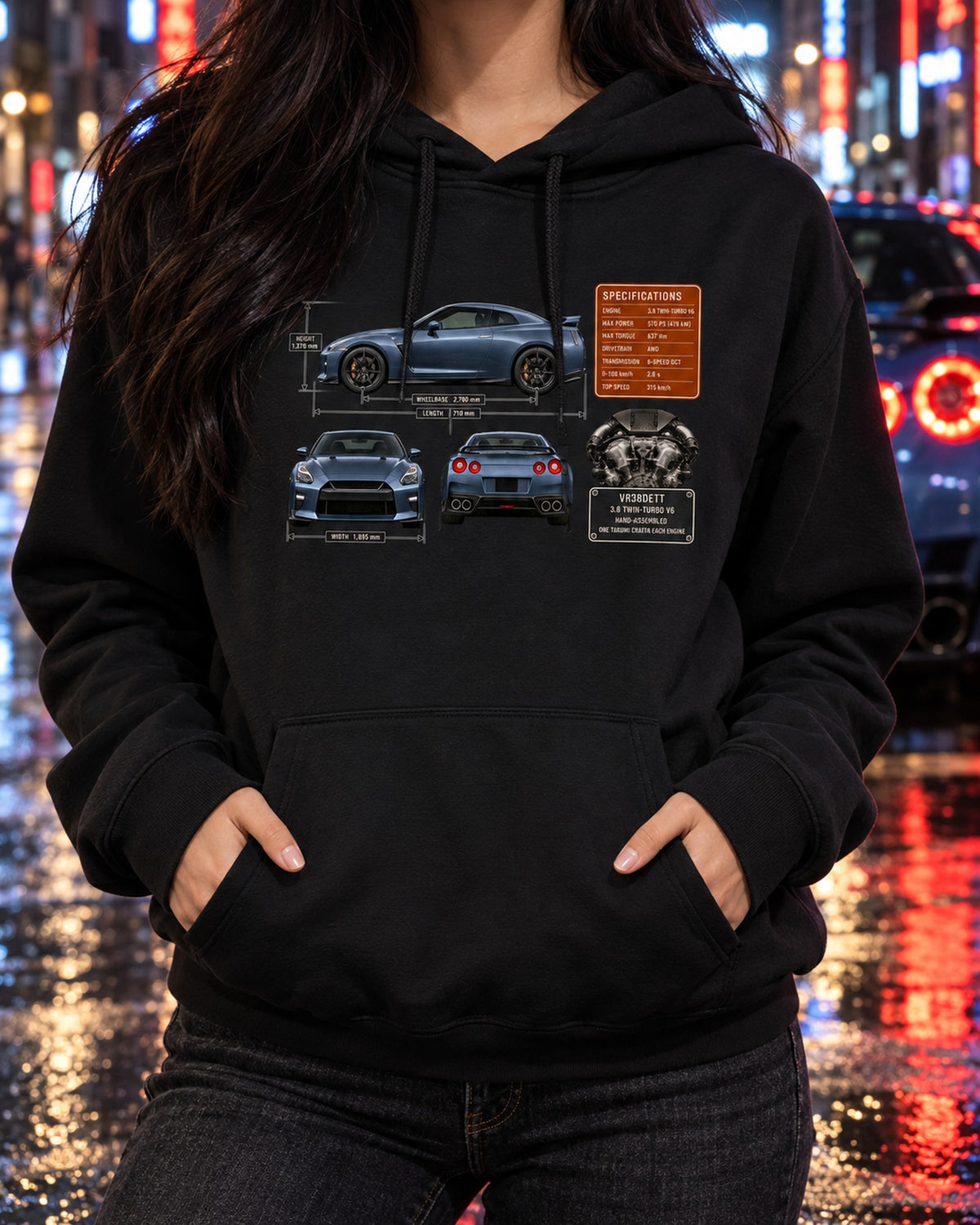 Nissan GT-R R35 Dimension Blueprint Tee, VR38DETT Car Shirt Pull Over Hoodie Black worn hero