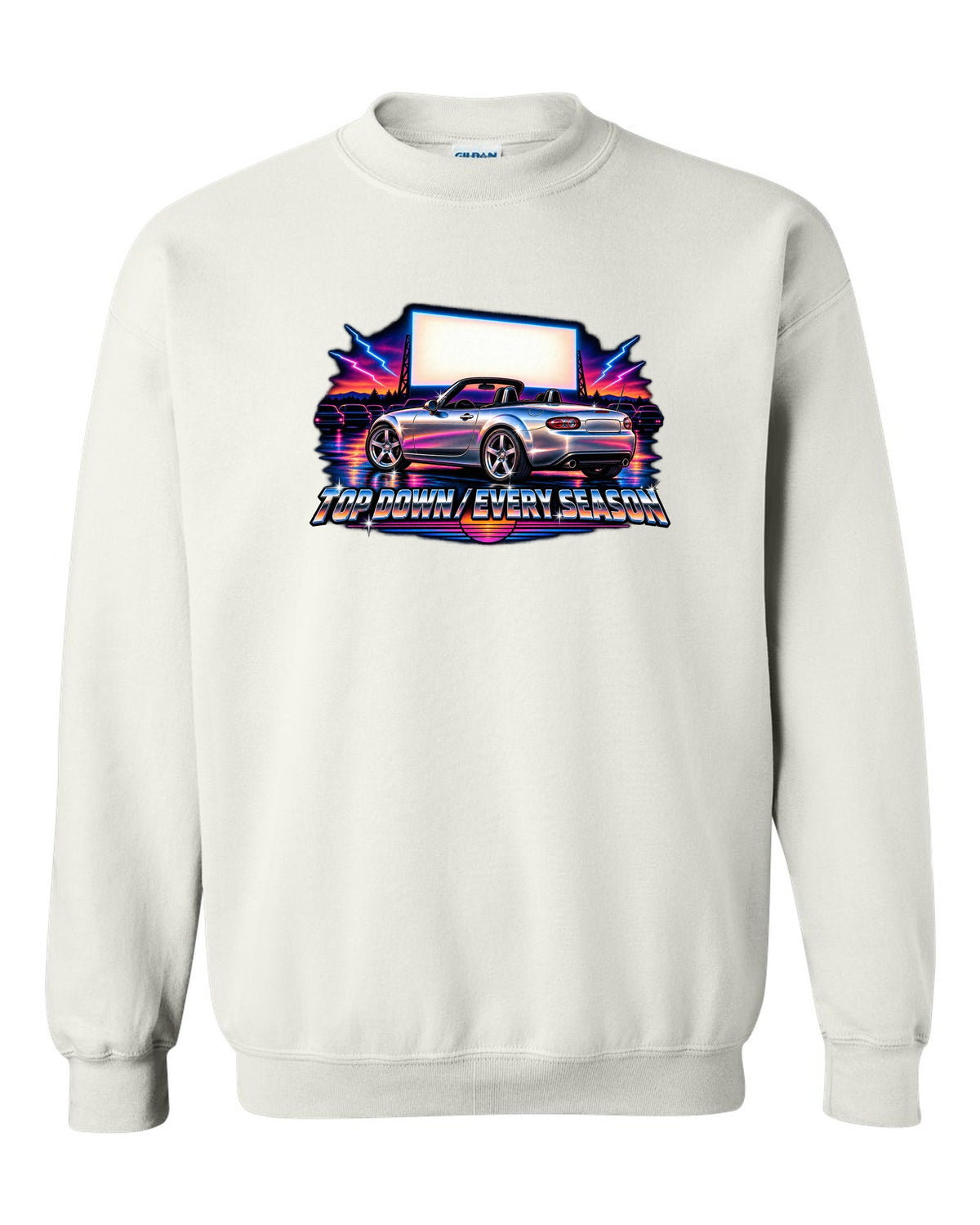 Eighties airbrush chrome print of a Mazda MX-5 NC with the text Top Down Every Season white crewneck front view with the design