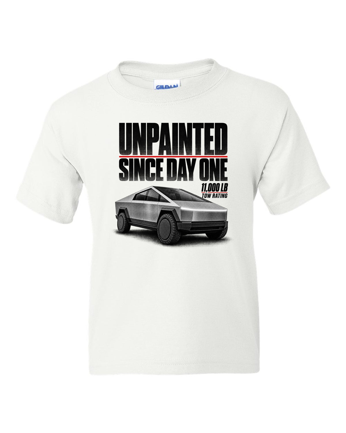 Halftone Tesla Cybertruck 2023 with unpainted since day one and 11,000 lb tow rating text white kids tee front view with the design
