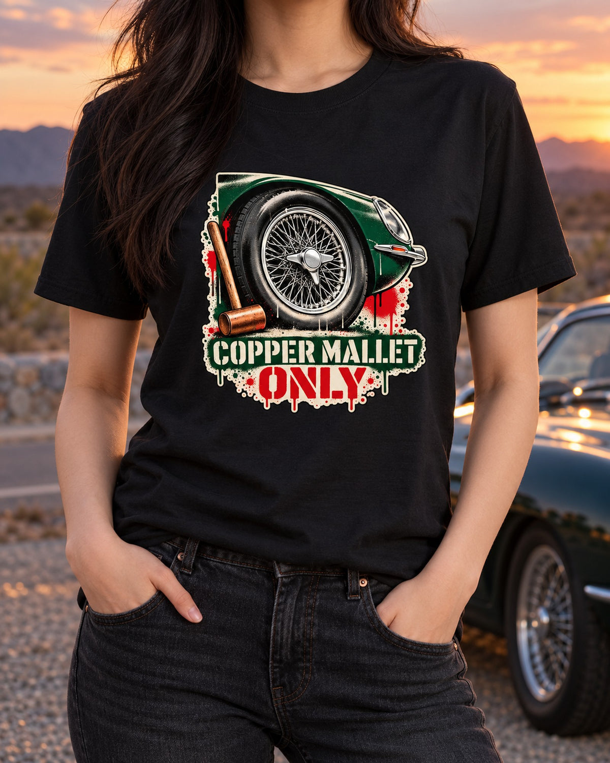 Jaguar E-Type Series 1 Wire Wheel Stencil Street Art Tee T-Shirt Black worn hero