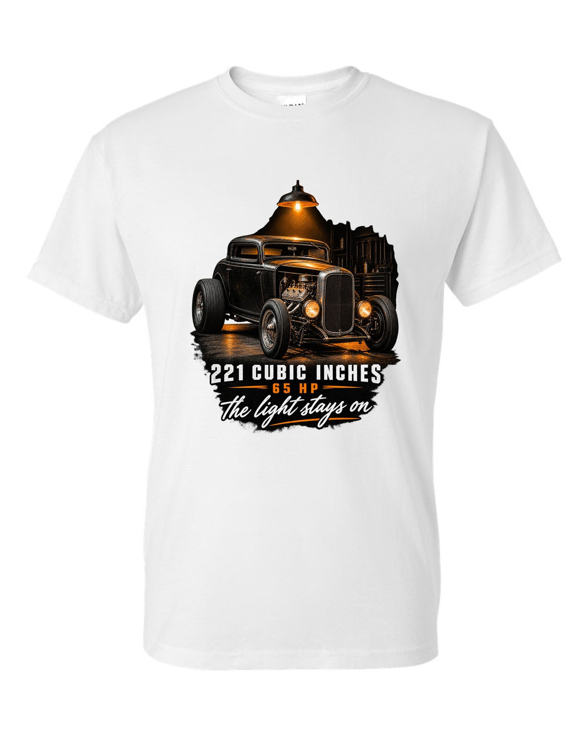 Garage night print of a 1932 Ford Deuce three-window coupe with flathead V8 specs white t-shirt front view with the design