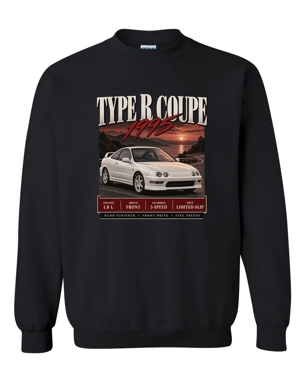 Honda Integra DC2 Type R coupe archive panel design labelled The Teg black crewneck front view with the design
