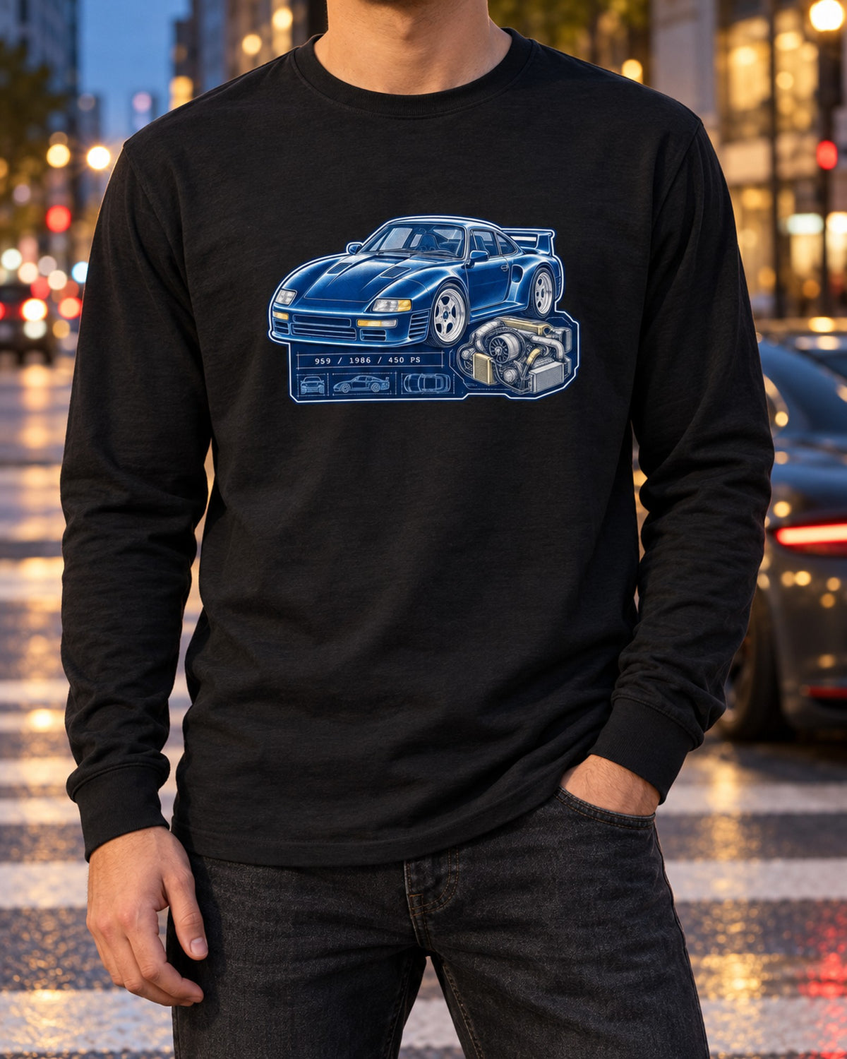Porsche 959 Cyanotype Blueprint Shirt, 1986 450 PS Supercar Long Sleeve Black worn hero