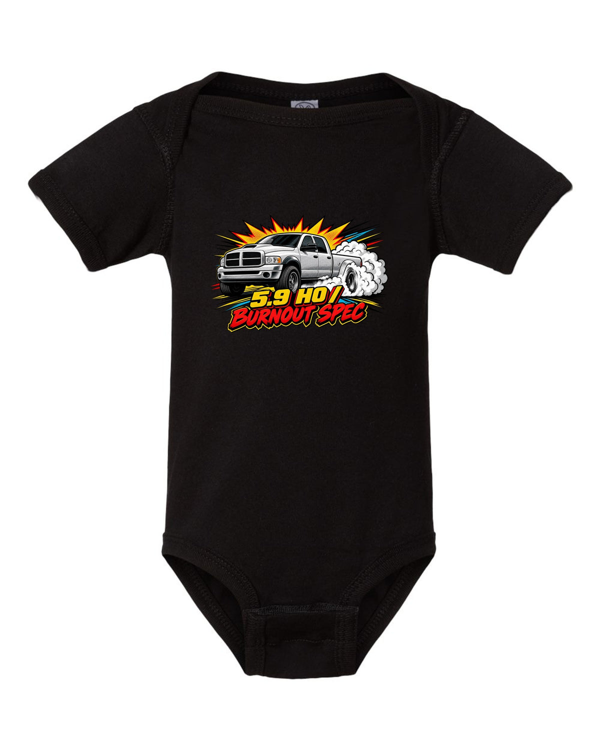 Comic halftone pop-art of a 2003-2009 Dodge Ram 3rd gen 5.9 HO with the words Burnout Spec black baby onesie front view with the design