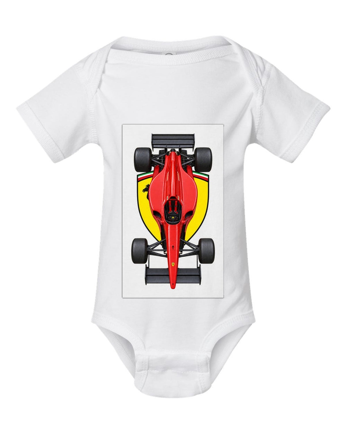 Ferrari 641 1990 Formula 1 overhead poster artwork white baby onesie front view with the design