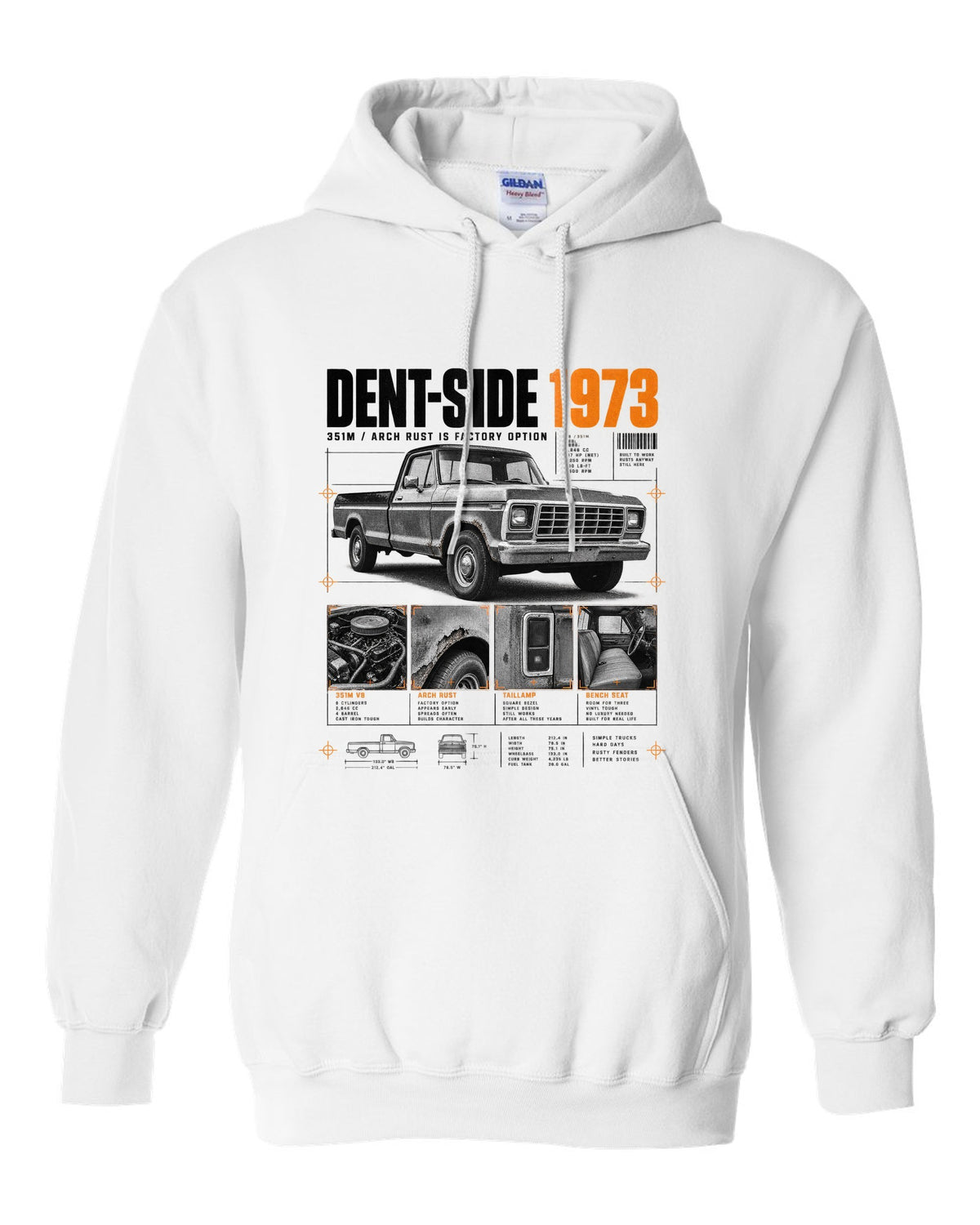 Ford F-150 Dent-Side 1973 351M Rust Dossier Panel white pull over hoodie front view with the design