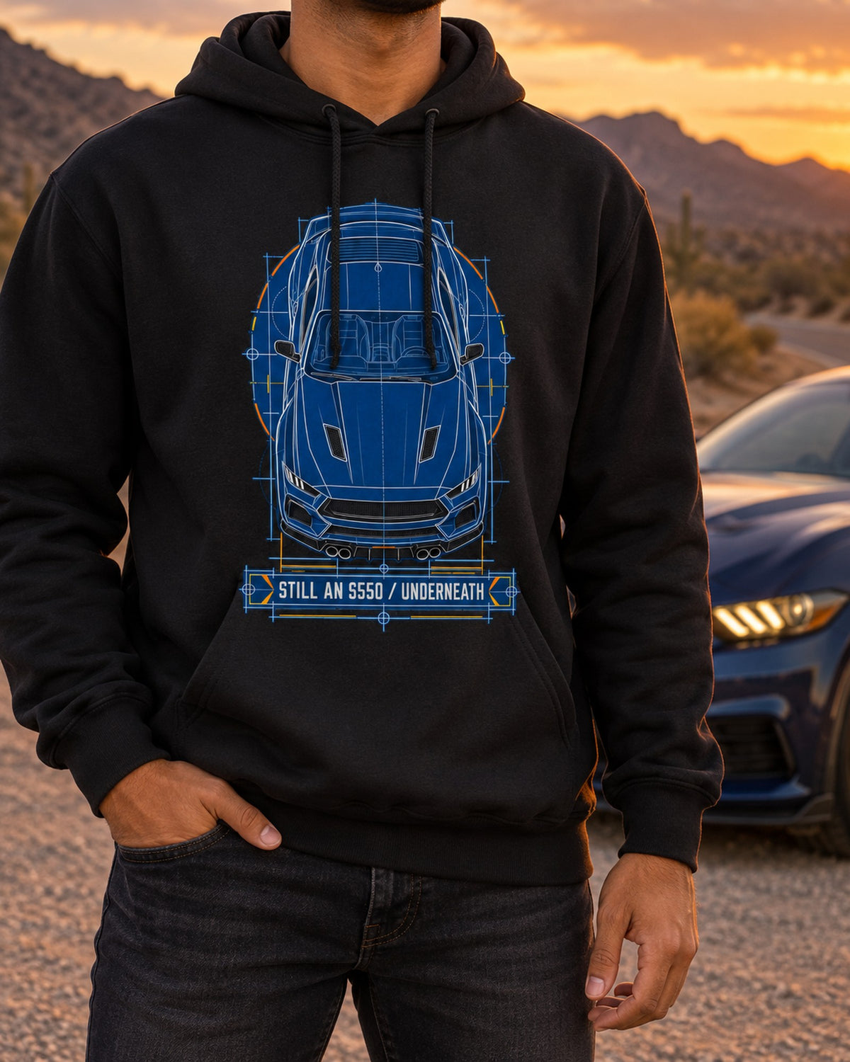 S650 Mustang Cyanotype Blueprint Shirt, Still An S550 Underneath Pull Over Hoodie Black worn hero