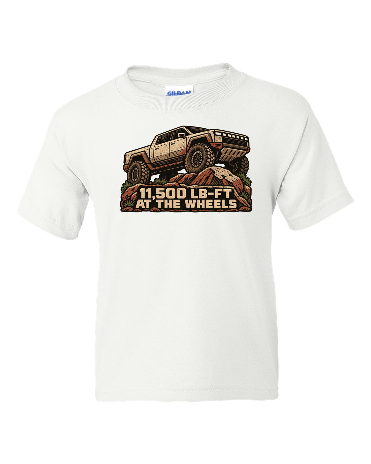 GMC Hummer EV linocut woodcut print on rocks with 11,500 lb-ft at the wheels white kids tee front view with the design