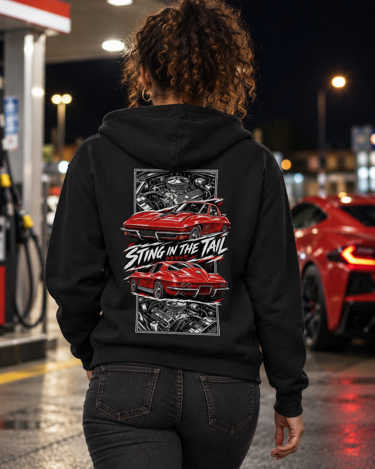 Corvette C2 Torn Poster Full-Back Graphic Tee Zip Hoodie Black worn hero