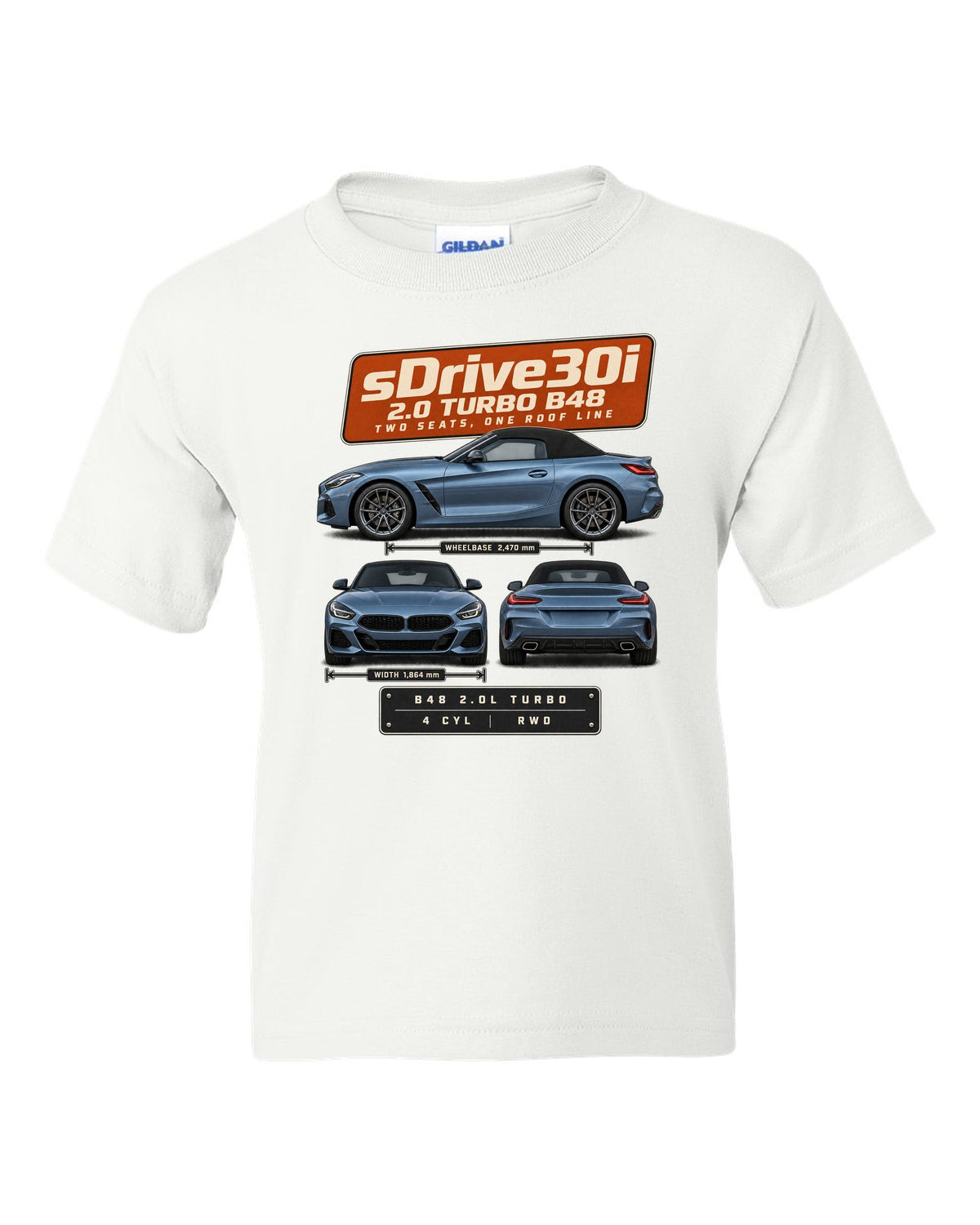 Three-view drawing and spec table print of the BMW Z4 sDrive30i G29 white kids tee front view with the design
