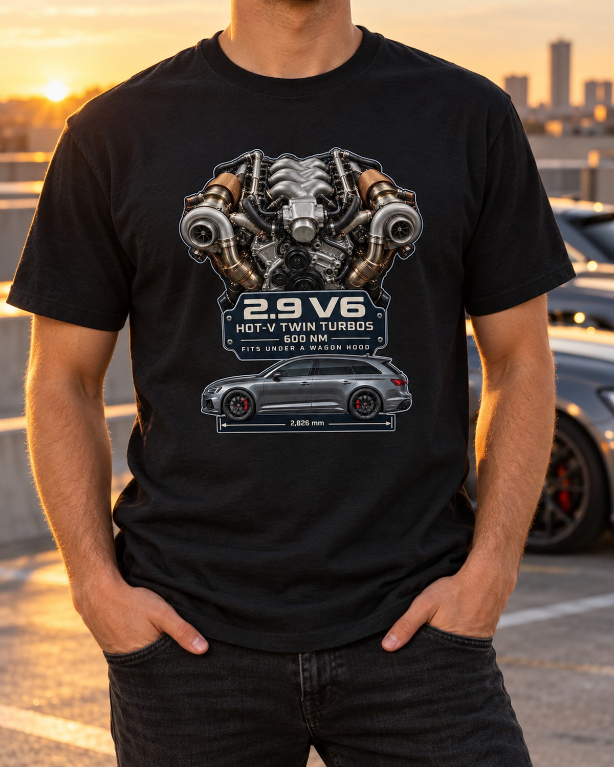 Audi RS4 B9 2.9 TFSI Engine Tee, Hot-V Twin-Turbo V6 T-Shirt Black worn hero