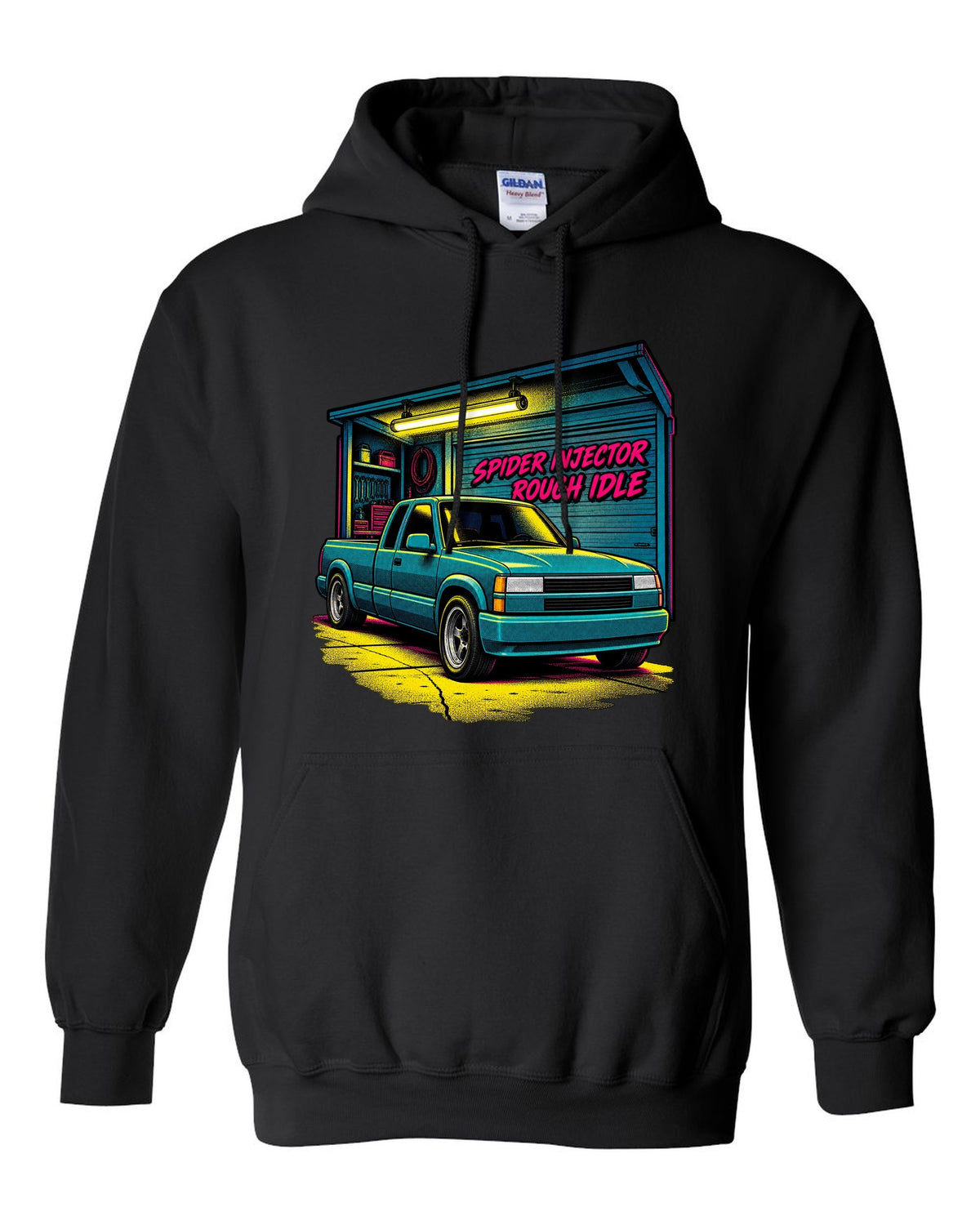 Comic halftone pop-art print of a 1988-98 Chevrolet GMT400 C1500 OBS extended cab with spider injector rough idle lettering black pull over hoodie front view with the design