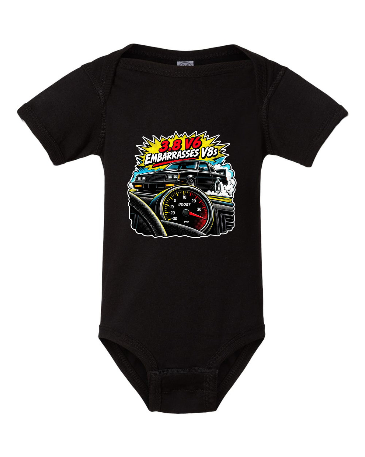 Comic halftone pop-art illustration of a 1987 Buick Grand National with boost gauge and V6 lettering black baby onesie front view with the design