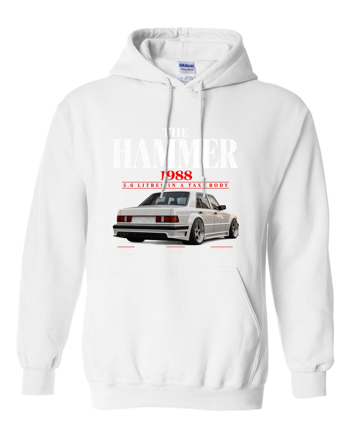 Mercedes 300E 5.6 AMG Hammer W124 editorial print with 1988 headline white pull over hoodie front view with the design