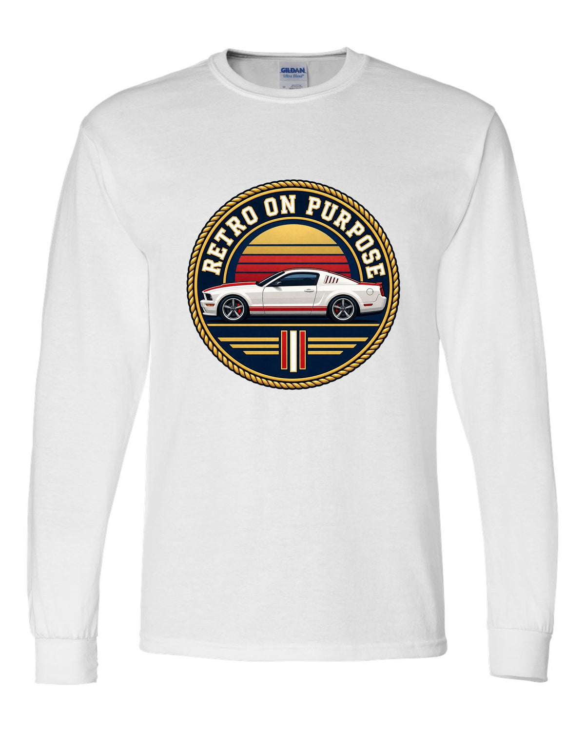 Varsity crest of a 2005-2014 S197 Ford Mustang fastback with Retro on purpose text white long sleeve front view with the design