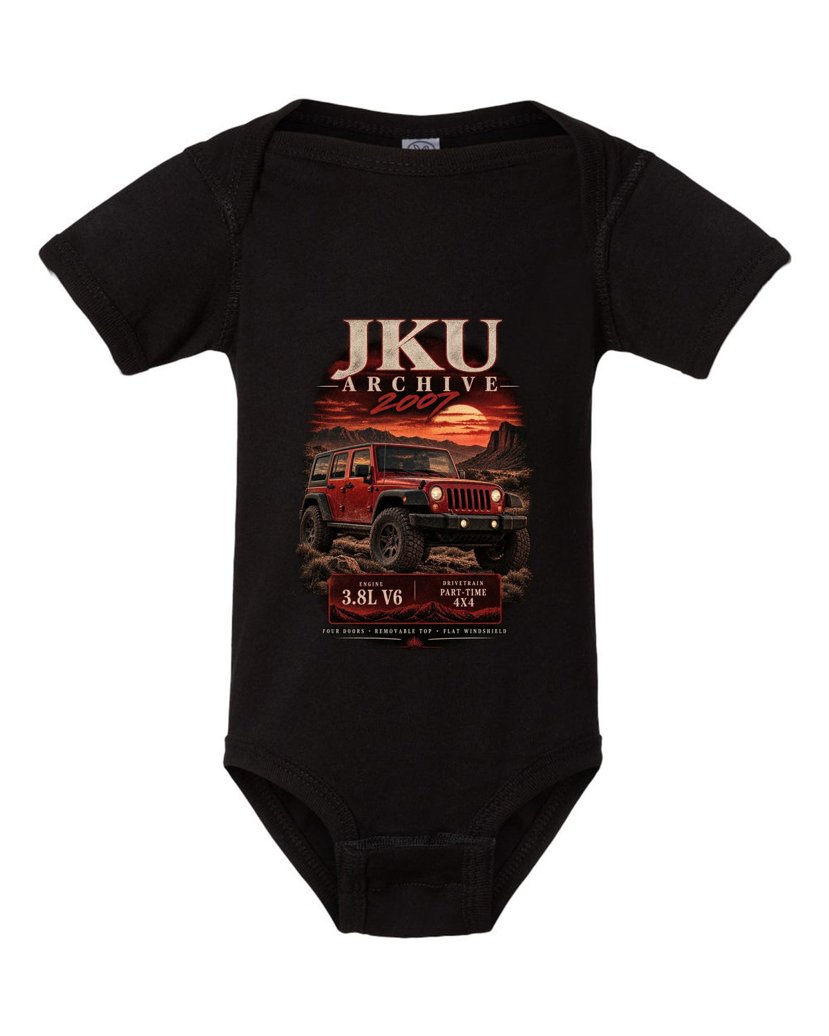 Archive panel print for the 2007 Jeep Wrangler JKU, 3.8L V6 four-door black baby onesie front view with the design