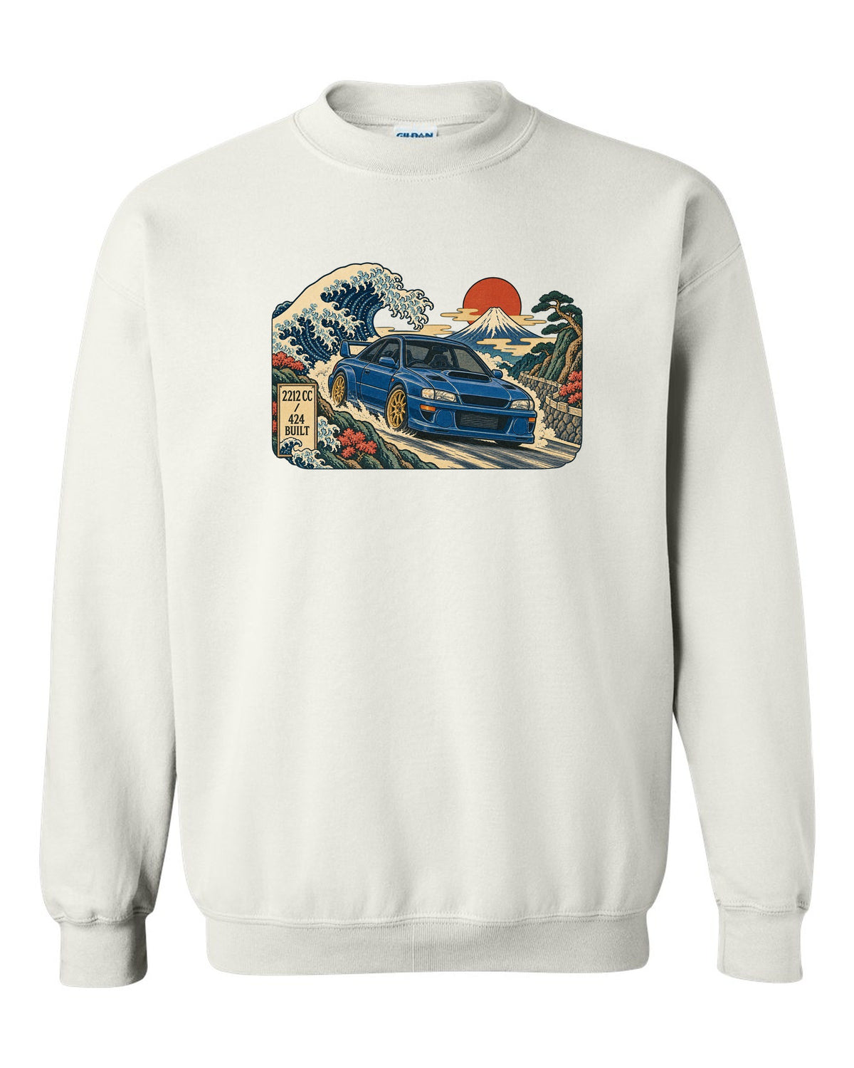 Ukiyo-e woodblock style Subaru Impreza 22B STI in front of a wave white crewneck front view with the design