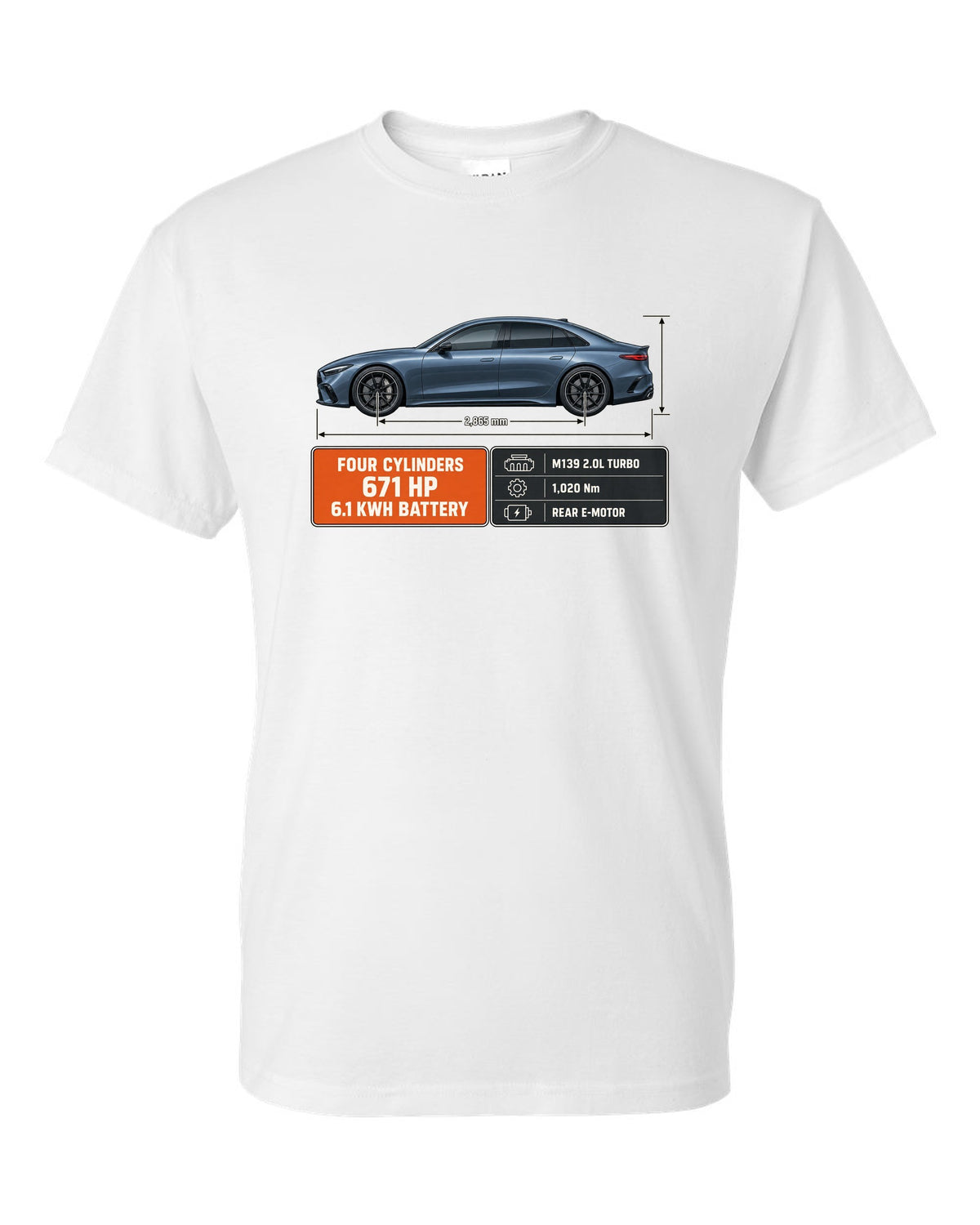 Mercedes-AMG C63 S E Performance W206 blueprint with dimension lines white t-shirt front view with the design