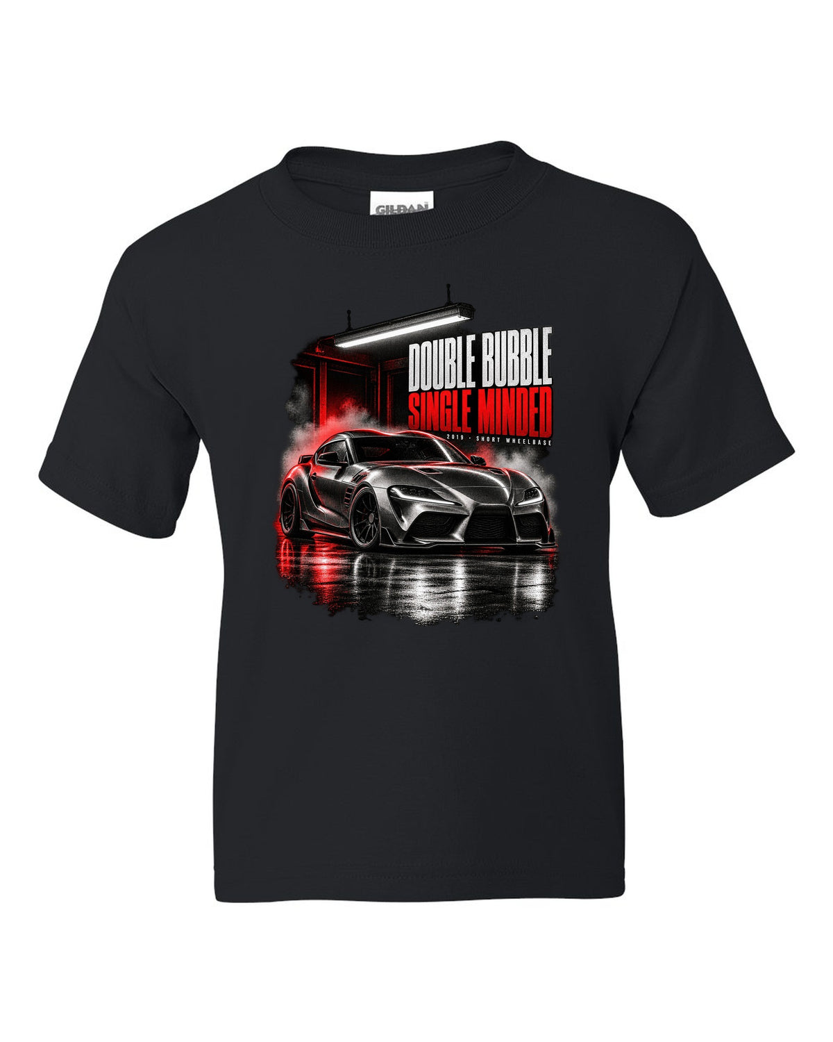 Garage night print of a Toyota GR Supra A90 with the text Double Bubble Single Minded black kids tee front view with the design