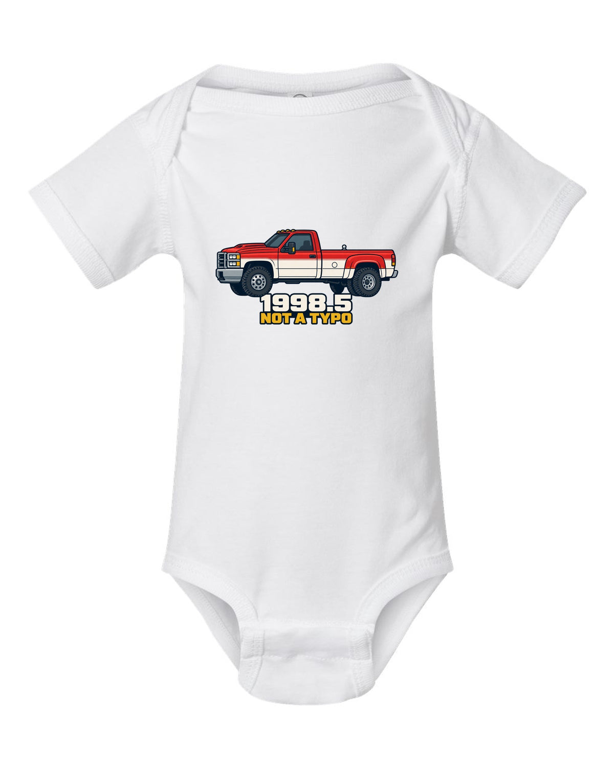 Flat vector poster print of a 1998.5-2002 Ram 2500 24V Cummins with 1998.5 Not A Typo text white baby onesie front view with the design