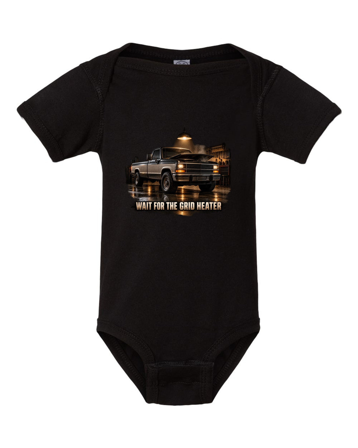 Dodge D250 first generation in a night garage with the text Wait For The Grid Heater black baby onesie front view with the design