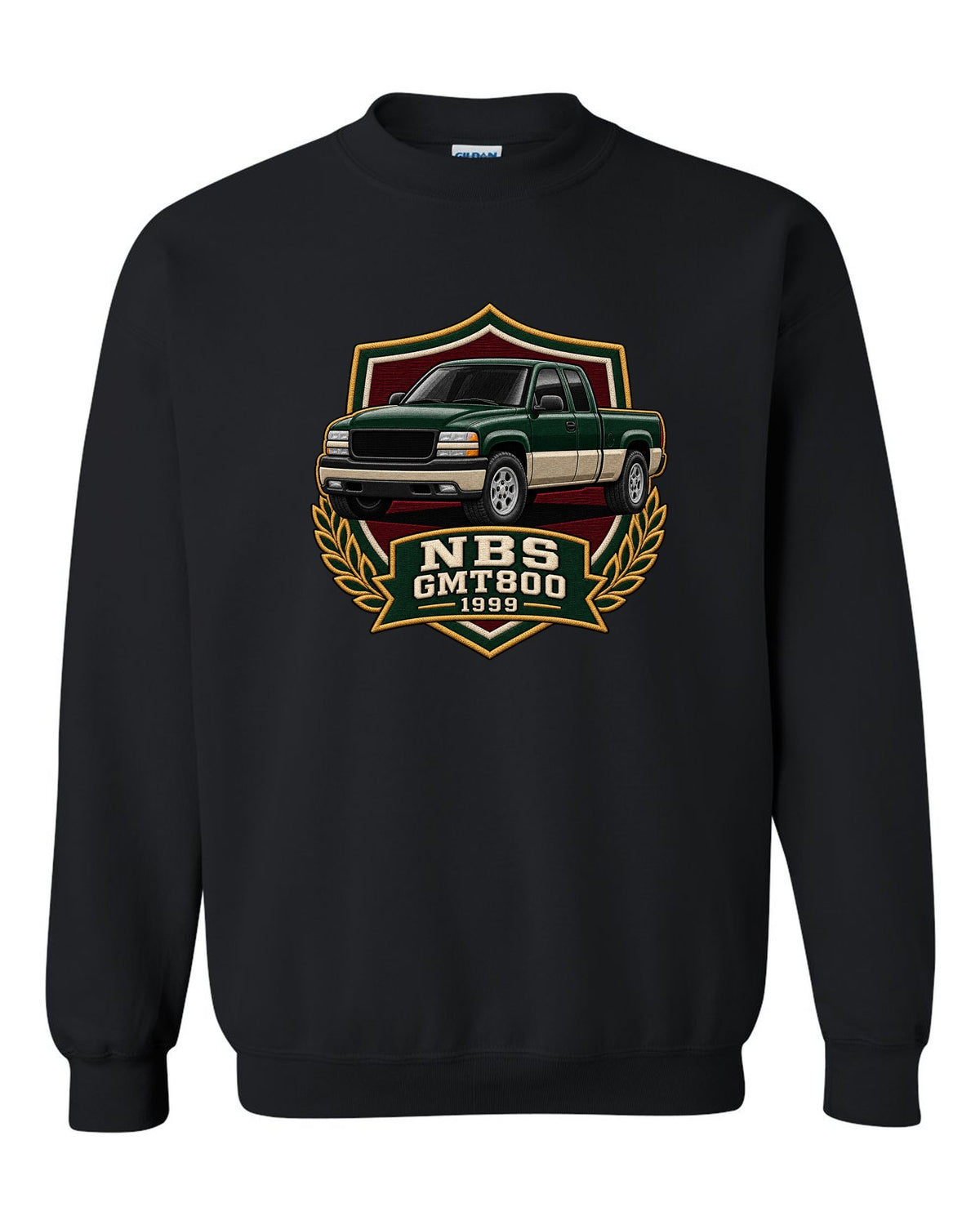 Varsity shield crest print for a 1999-2006 Chevrolet Silverado NBS GMT800 with NBS GMT800 1999 text black crewneck front view with the design