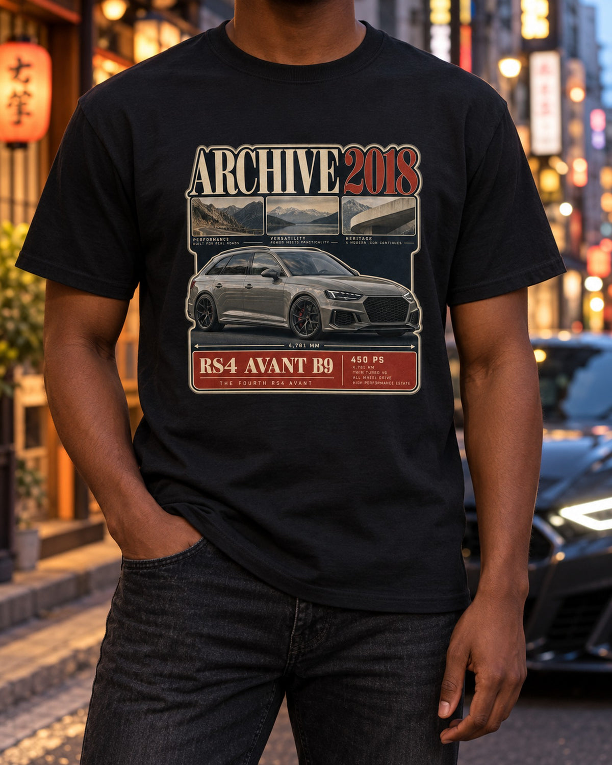 Audi RS4 Avant B9 Edition Archive Panel Tee, 450 PS 2018 T-Shirt Black worn hero