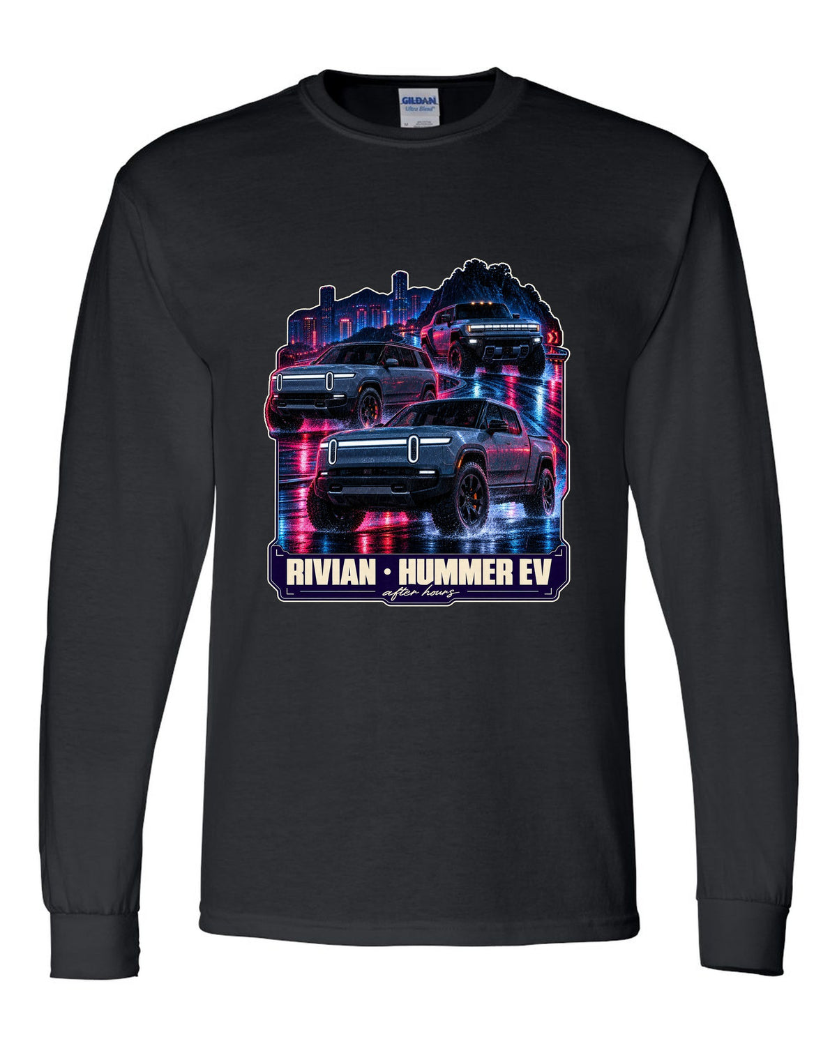 Night street print of the Range Rover Sport SV L461 on a wet road at 2 AM black long sleeve front view with the design
