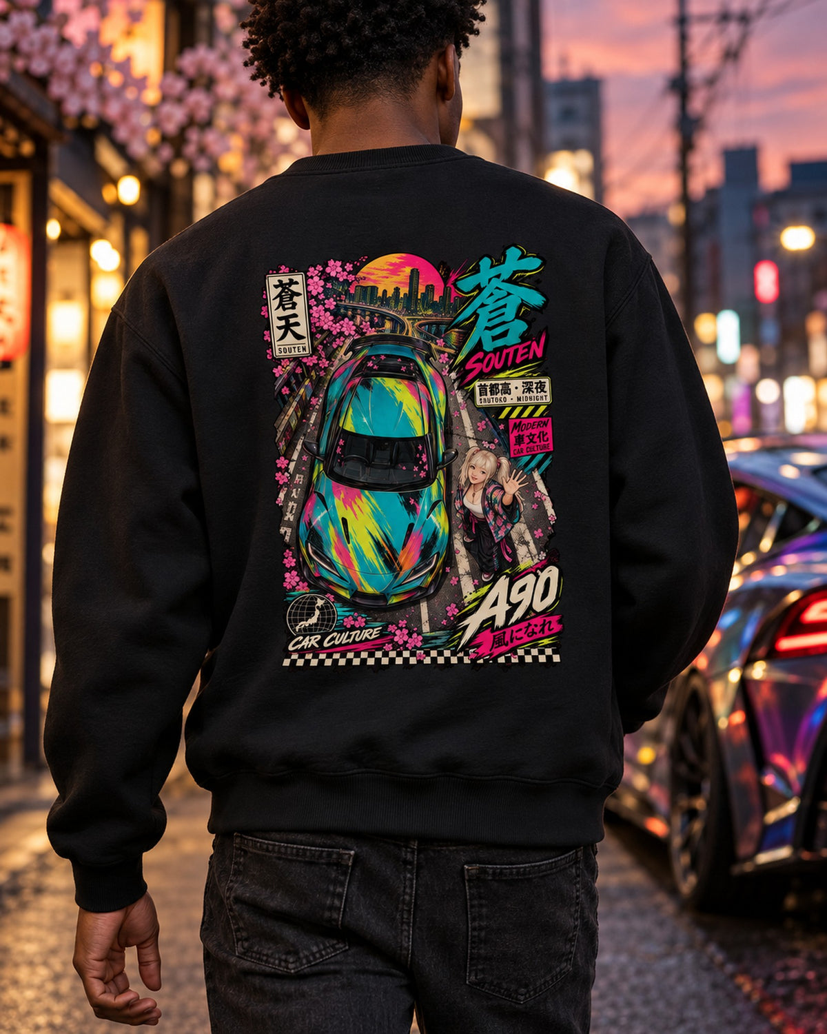 SOUTEN A90 Anime Girl Full-Back Graphic Tee Crewneck Black worn hero
