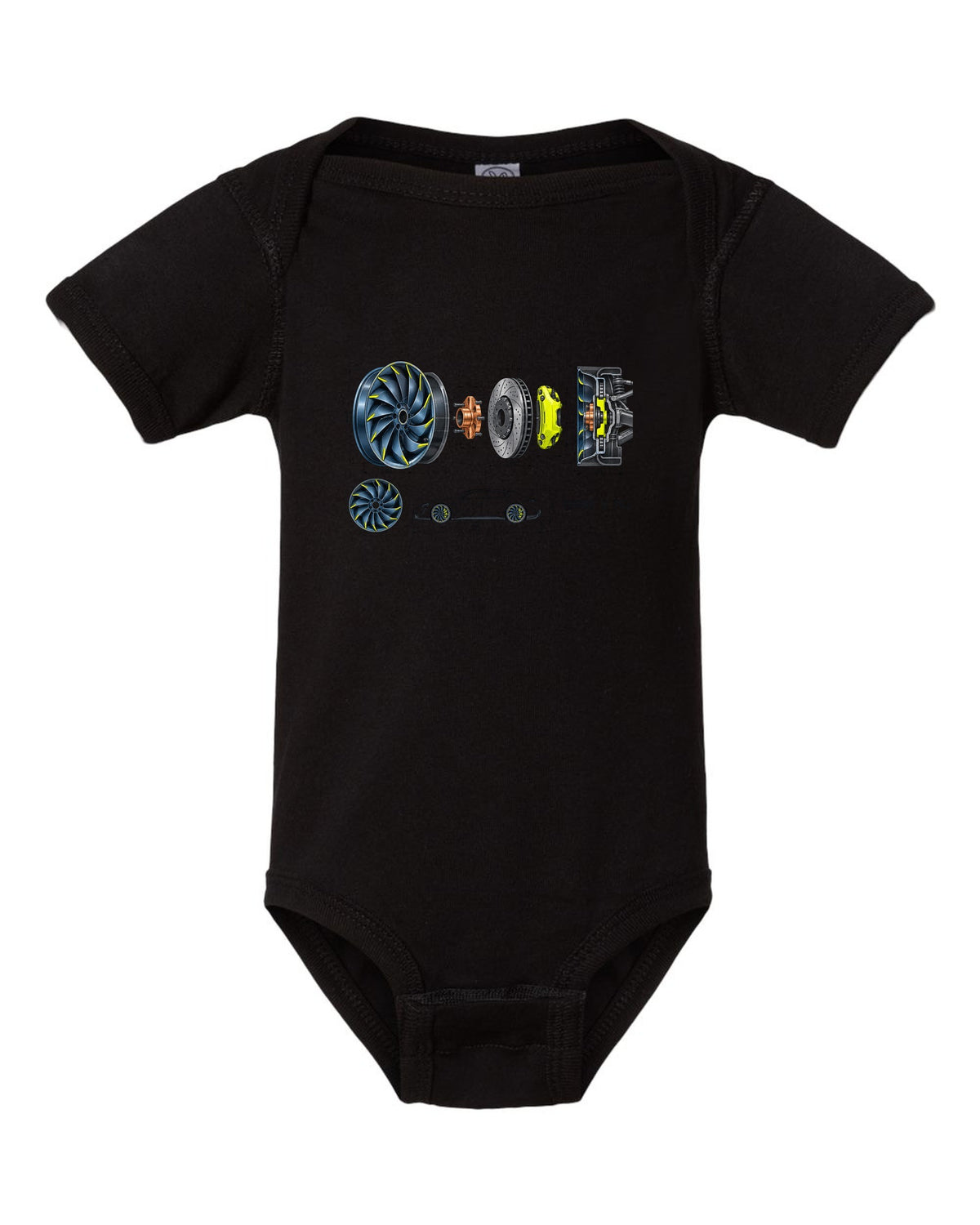 Porsche Taycan Turbo S 9J1 turbine wheel engineering schematic print with the text Turbo S 761 black baby onesie front view with the design