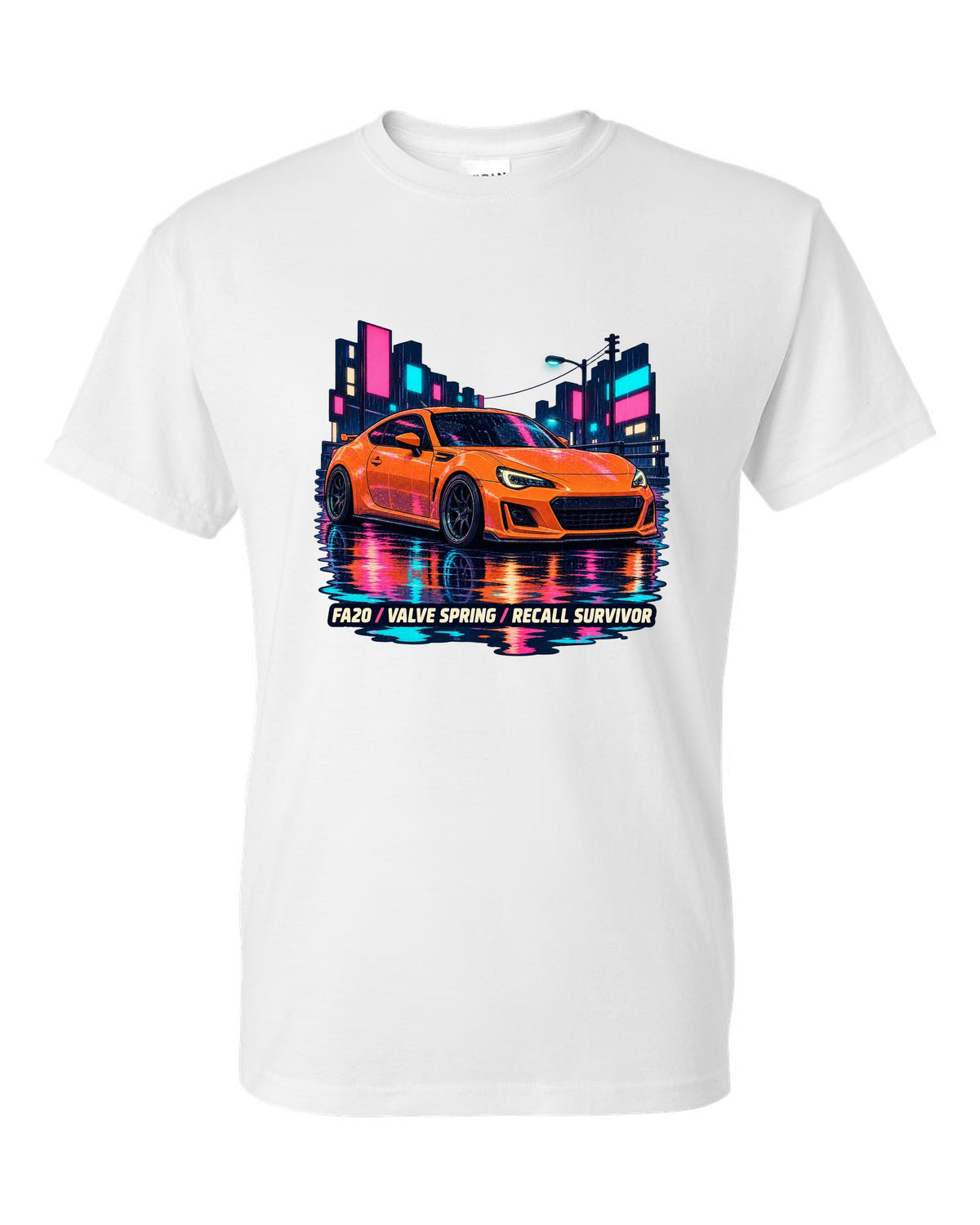 Subaru BRZ ZC6 in a rainy lo-fi anime night scene, FA20 / VALVE SPRING / RECALL SURVIVOR white t-shirt front view with the design