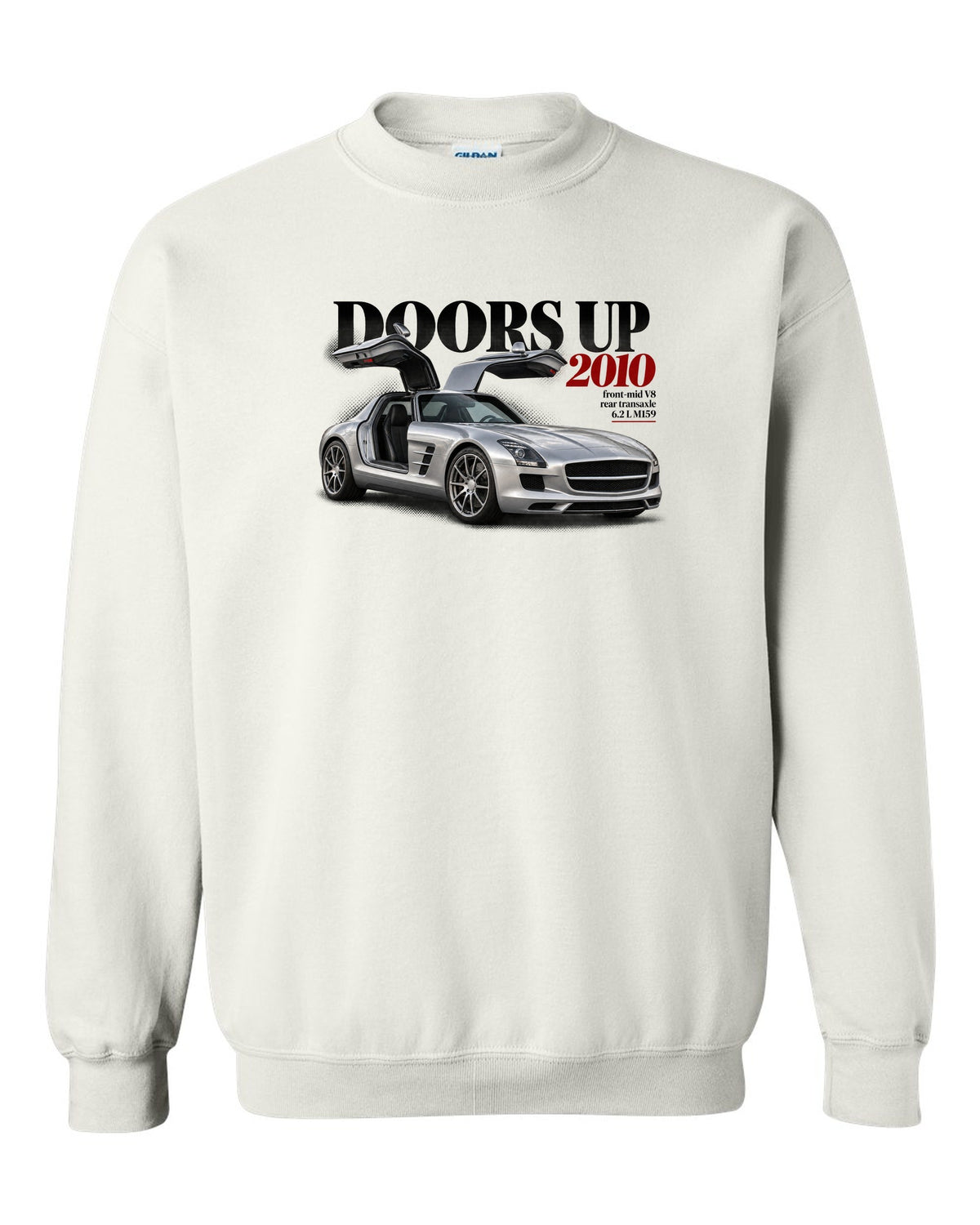 Editorial print of a Mercedes SLS AMG C197 with gullwing doors raised and Doors Up 2010 lettering white crewneck front view with the design