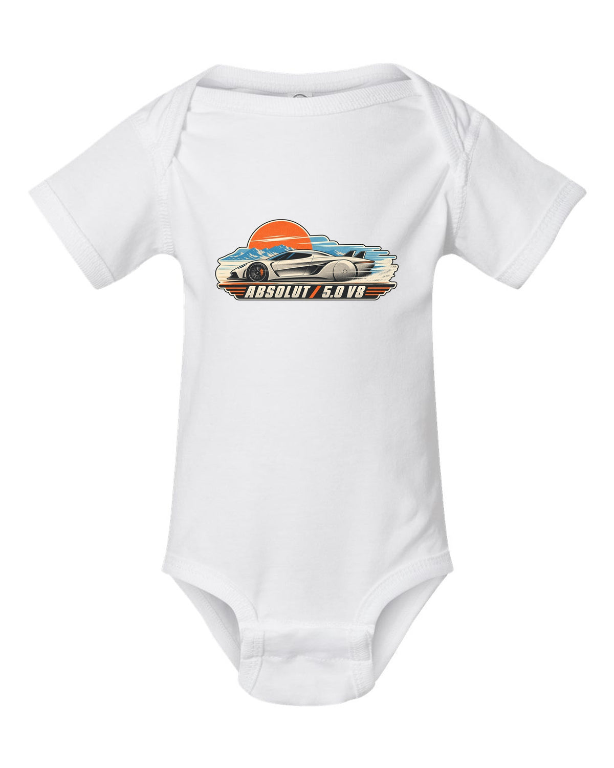 Vintage race poster illustration of the Koenigsegg Jesko Absolut with ABSOLUT 5.0 V8 lettering white baby onesie front view with the design