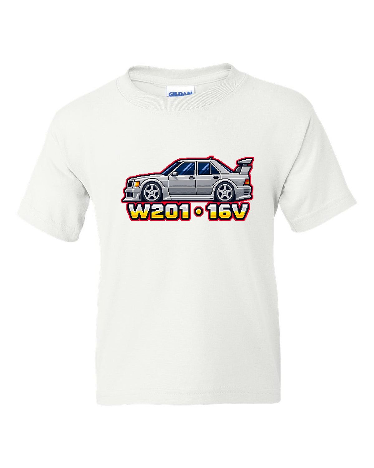 Mercedes 190E Evo II W201 16-Bit Pixel Art Tee, Car white kids tee front view with the design