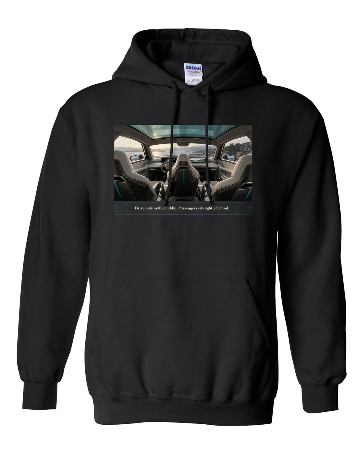 Cockpit print of a McLaren Speedtail interior with a centre driving seat black pull over hoodie front view with the design