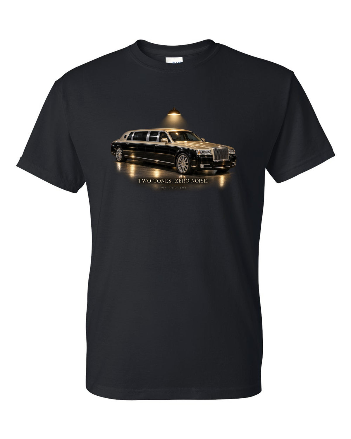 Garage night print of a Maybach 57 S W240 with Two Tones Zero Noise lettering black t-shirt front view with the design