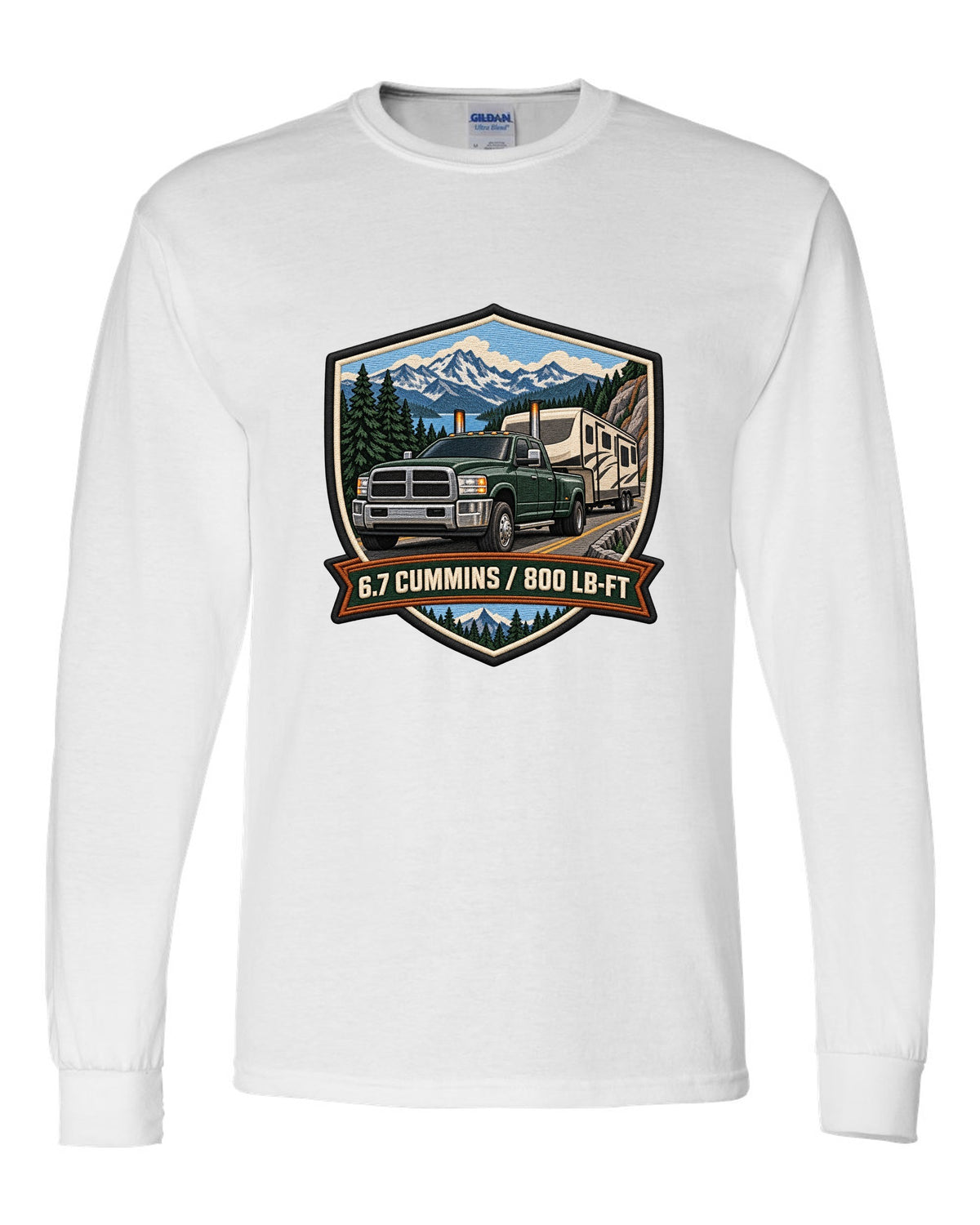 Varsity crest of a 2010-2018 Ram 2500 4th gen towing a camper with 6.7 Cummins 800 LB-FT lettering white long sleeve front view with the design