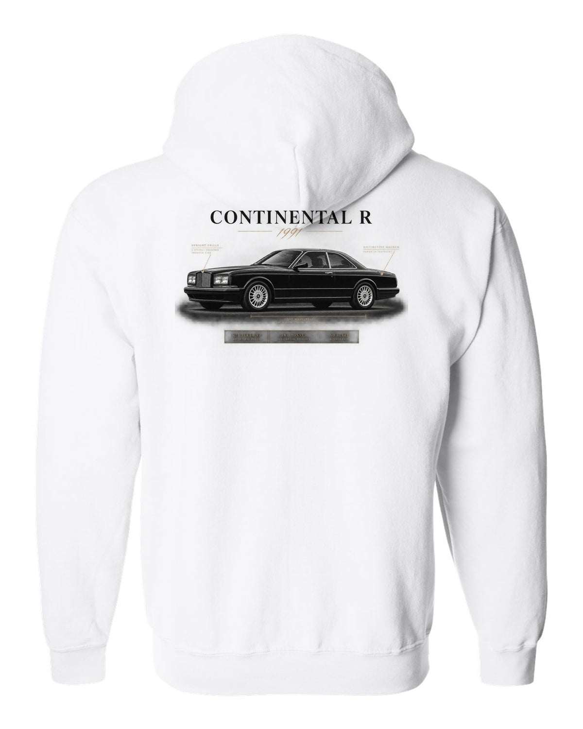Bentley Continental R 1991 spec poster with 6.75 turbo V8 white zip hoodie back view with the design