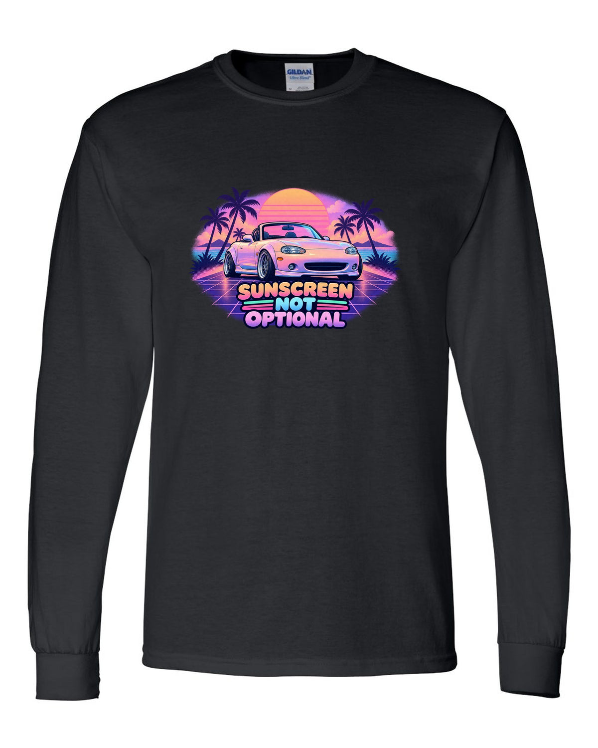 Vaporwave pastel print of a Mazda MX-5 NB Miata with the roof down and the text Sunscreen Not Optional black long sleeve front view with the design