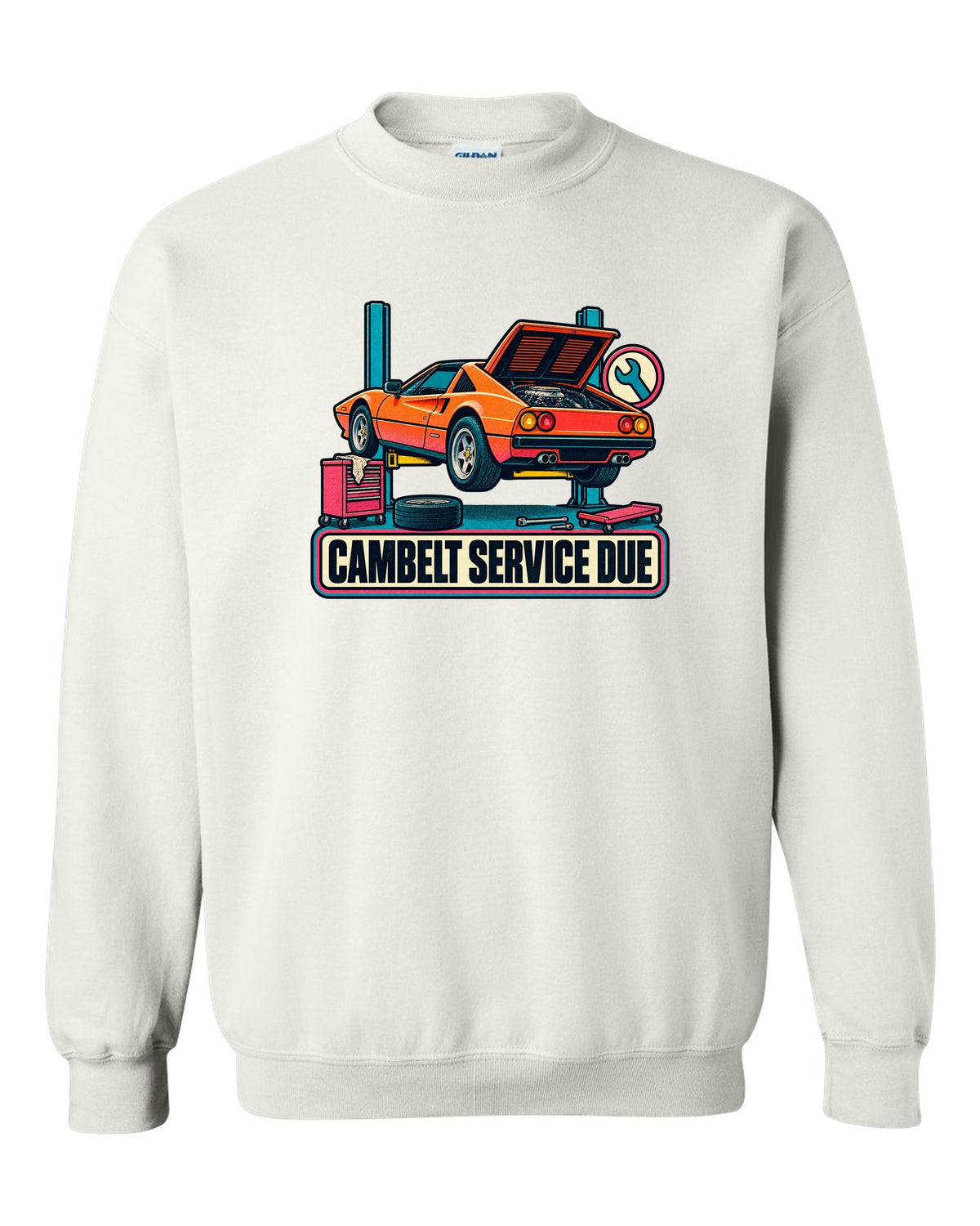 Risograph two-colour halftone print of a Ferrari 308 GTS with the text cambelt service due white crewneck front view with the design