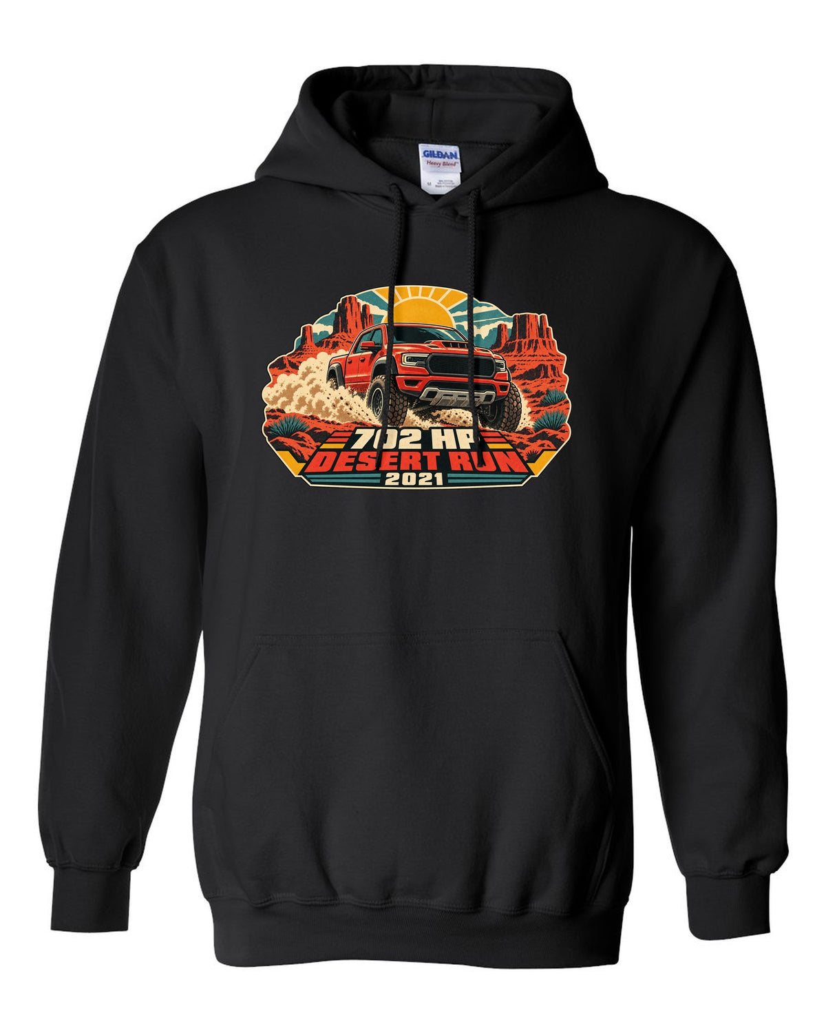 Vintage desert race poster print of a 2021 Ram 1500 TRX with 702 HP text black pull over hoodie front view with the design