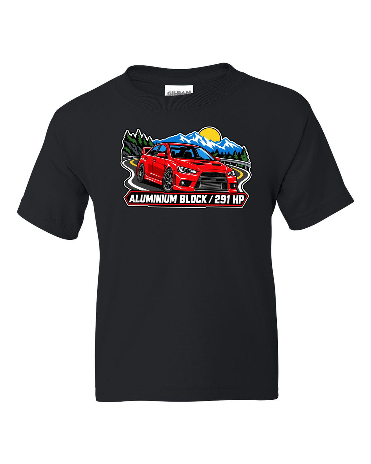 Bold three-colour screen-print style print of an airborne Mitsubishi Evo X CZ4A with all four left the ground text black kids tee front view with the design
